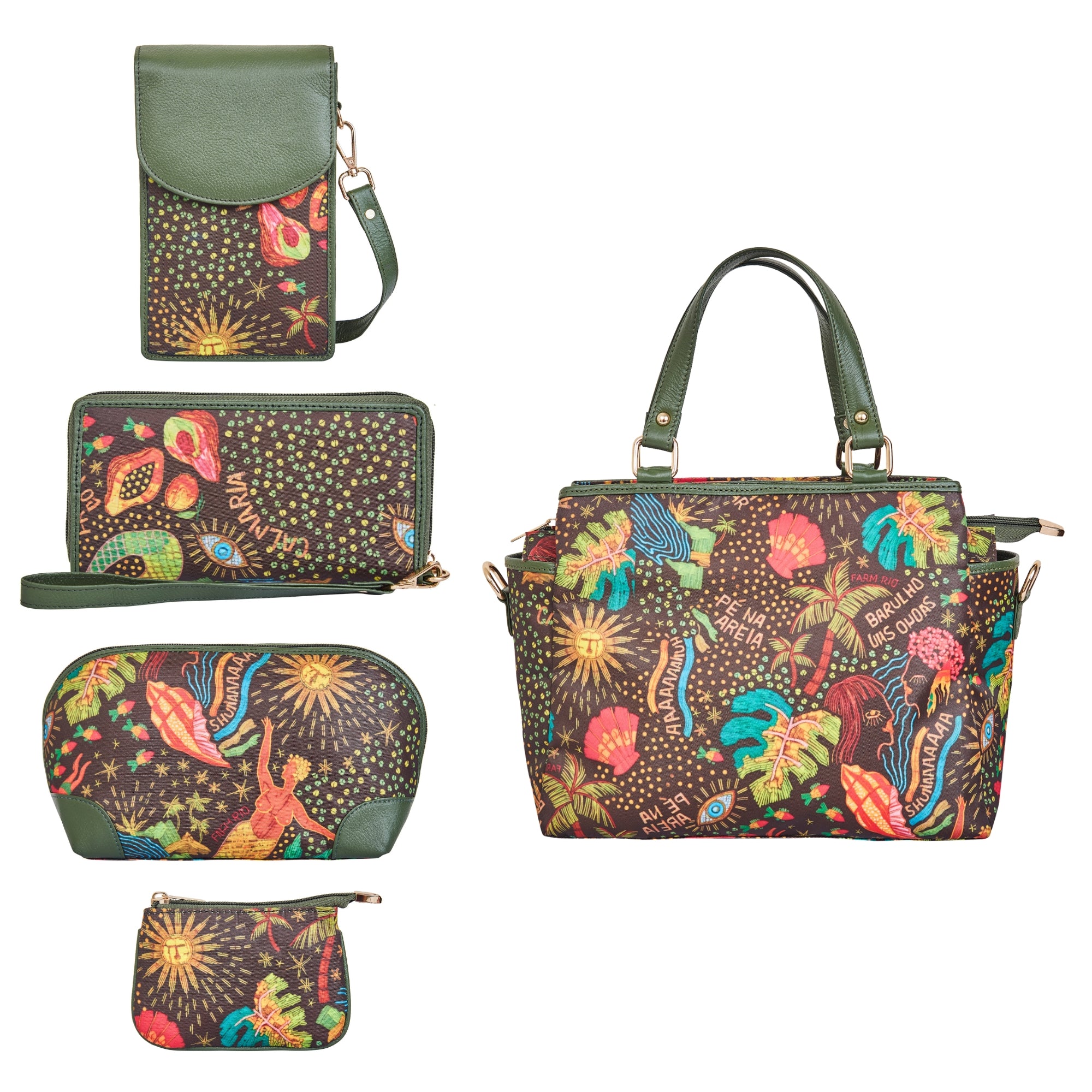 Women’s Printed Fabric Bag Combo – Satchel Bag, Cell Phone Crossbody Wallet, Wristlet, Cosmetic Pouch & Coin Purse
