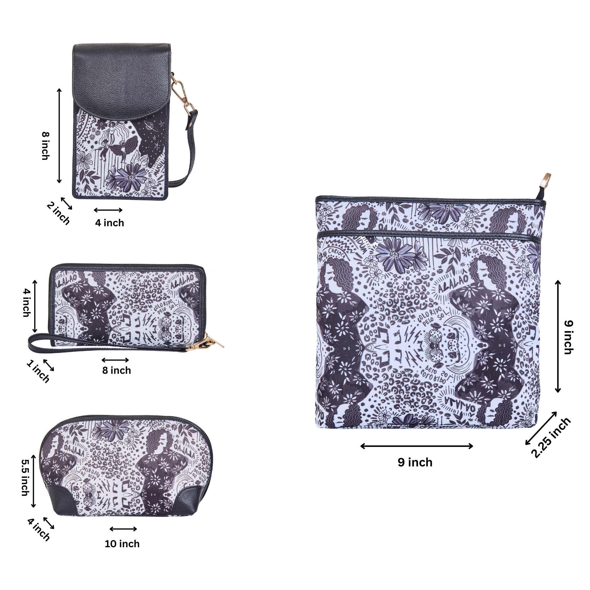 Women’s Printed Fabric Combo Set  4-Pcs – Crossbody Sling Bag, Phone Crossbody, RFID Wristlet & Cosmetic Bag for Daily Use