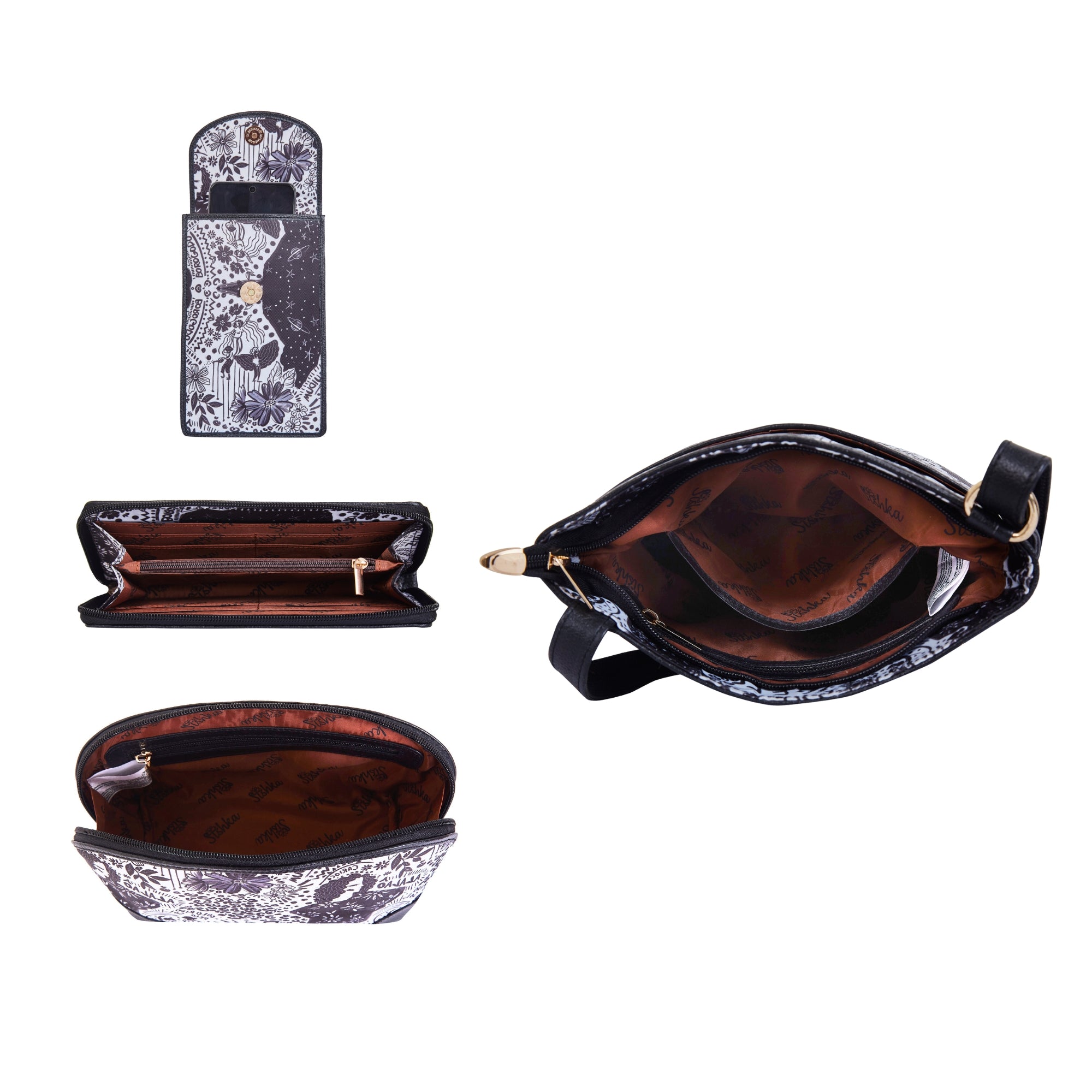 Women’s Printed Fabric Combo Set  4-Pcs – Crossbody Sling Bag, Phone Crossbody, RFID Wristlet & Cosmetic Bag for Daily Use