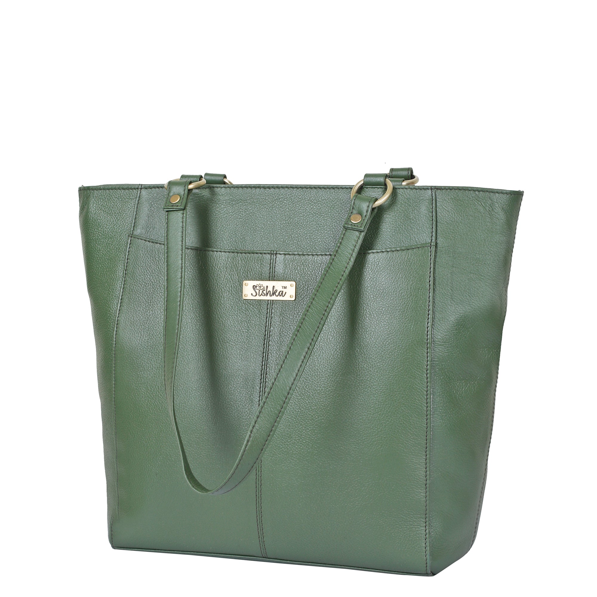 Olive Tote Bag for Women  | Sishka Elegant Genuine Leather Satchel, Stylish Top Handle Shoulder Handbag, Spacious Ladies Purse Perfect for Office, Parties, Trips & Daily Use (H 12" x W 15.25" x D 4.75")