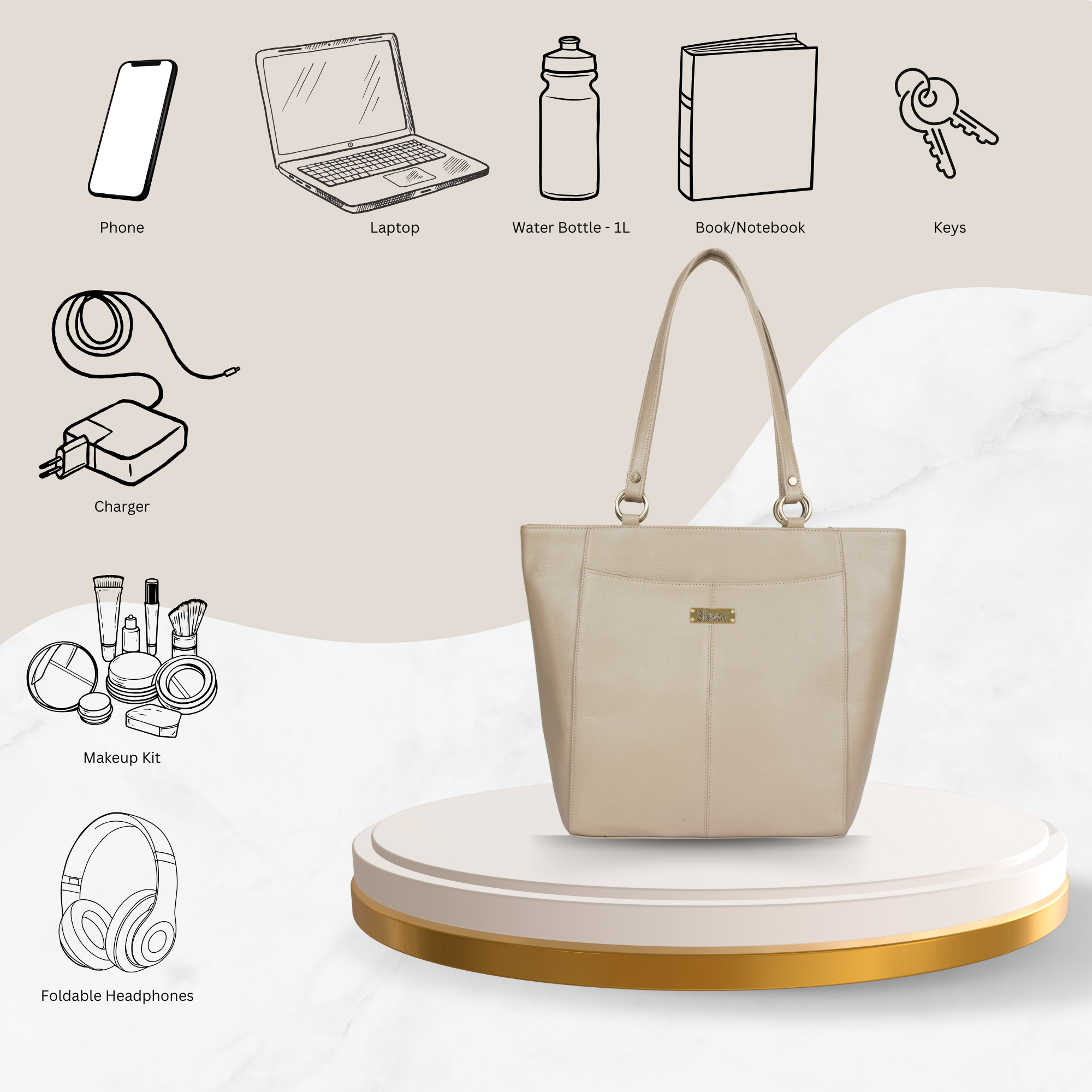 Sishka Taupe Tote Bag for Women – Stylish Genuine Leather Shoulder Handbag, Classic Top Handle Satchel, Spacious Ladies Purse Ideal for Work, Travel, Parties & Everyday Use (H 12" x W 15.25" x D 4.75").