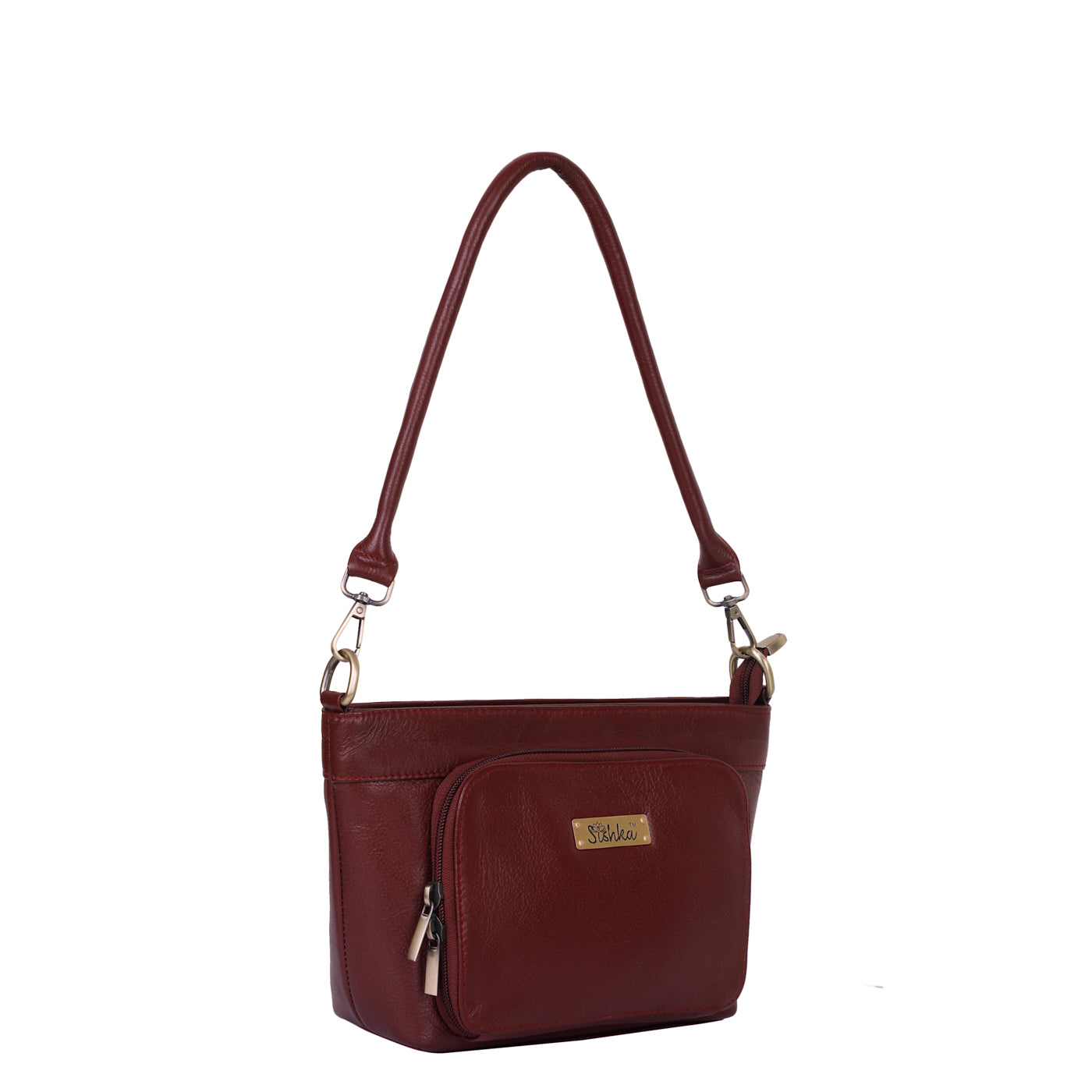 Cherry Red Genuine Leather Shoulder Handbag – Women’s Tote with Front Pocket