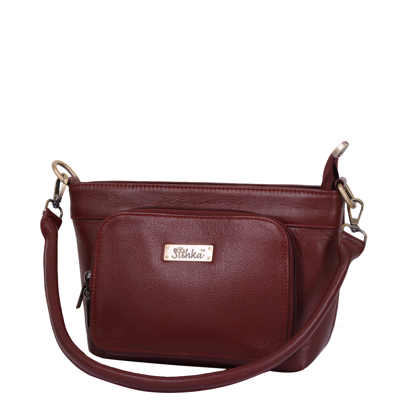 Cherry Red Genuine Leather Shoulder Handbag – Women’s Tote with Front Pocket