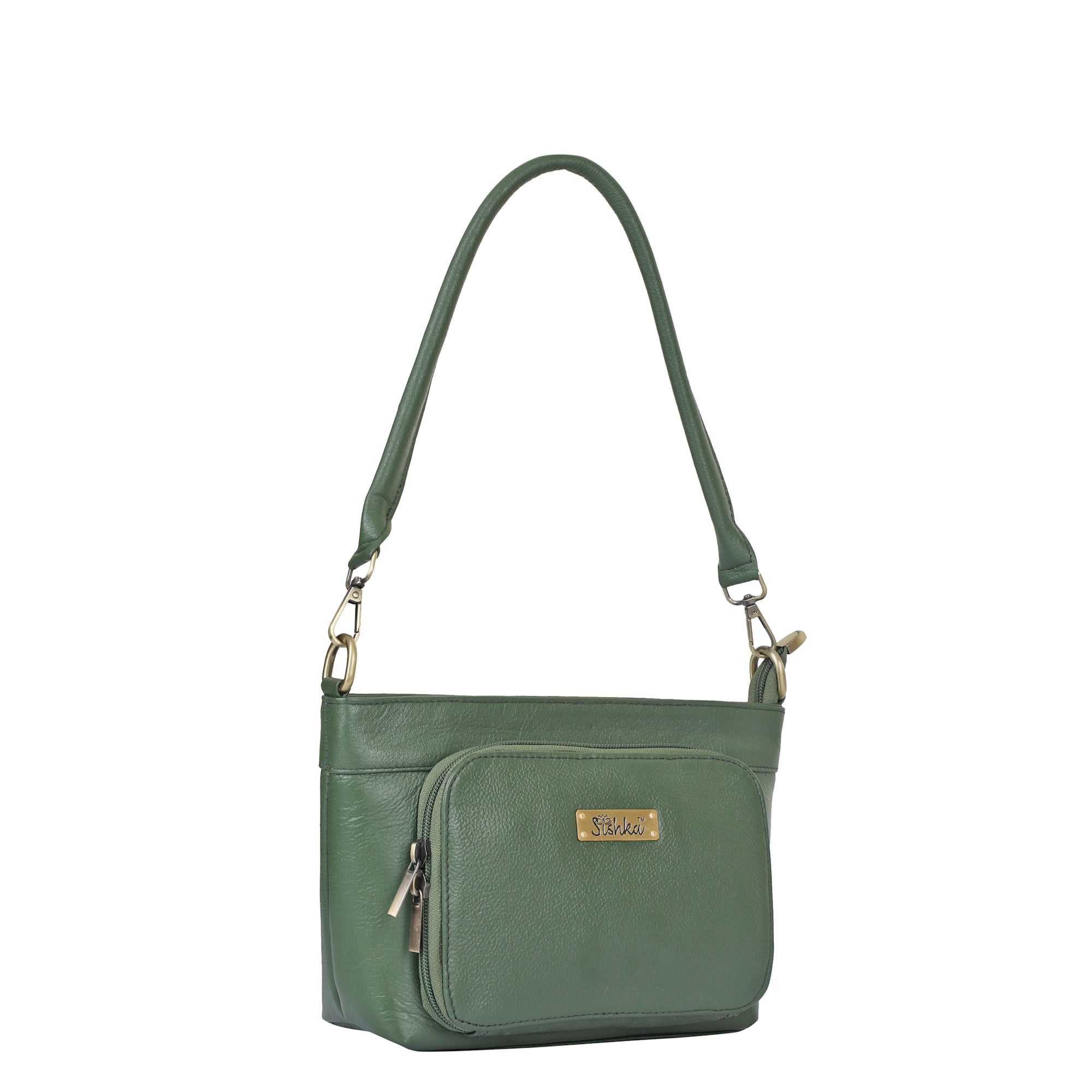 Olive Genuine Leather Shoulder Handbag – Women’s Tote with Front Pocket