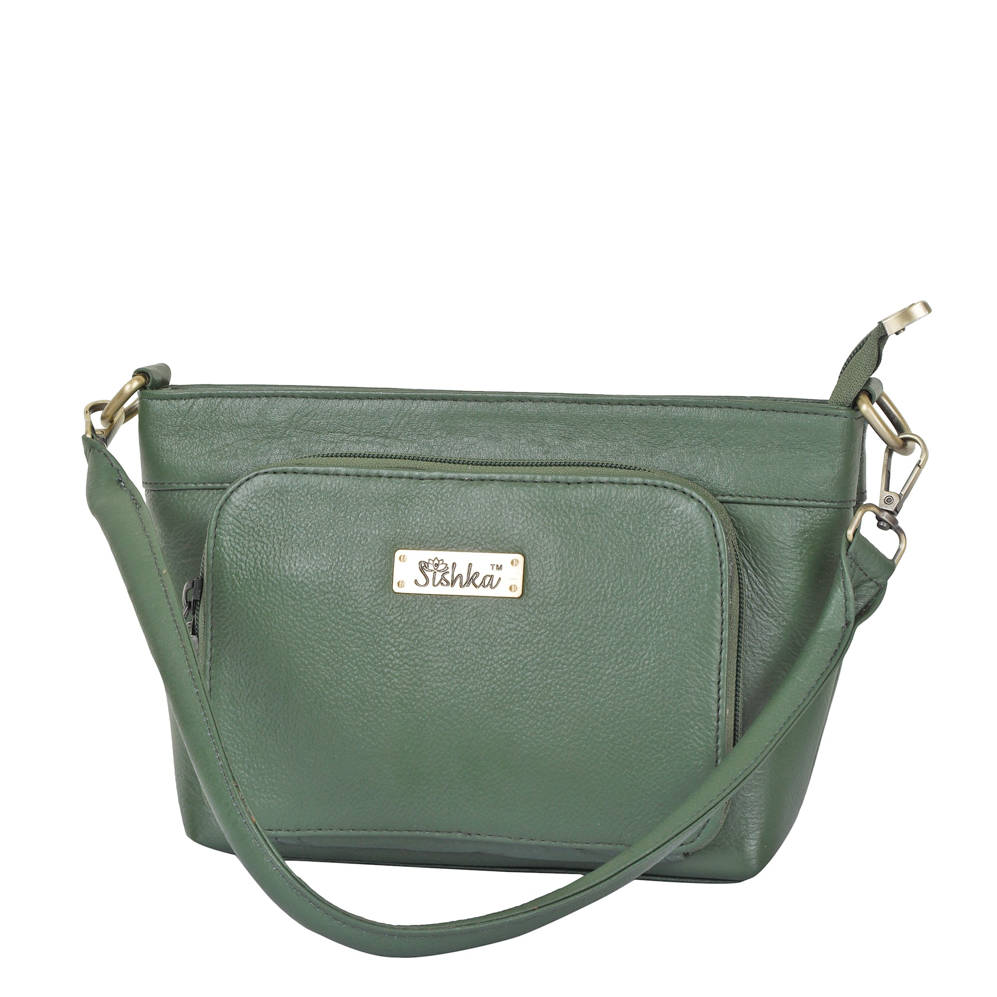 Olive Genuine Leather Shoulder Handbag – Women’s Tote with Front Pocket