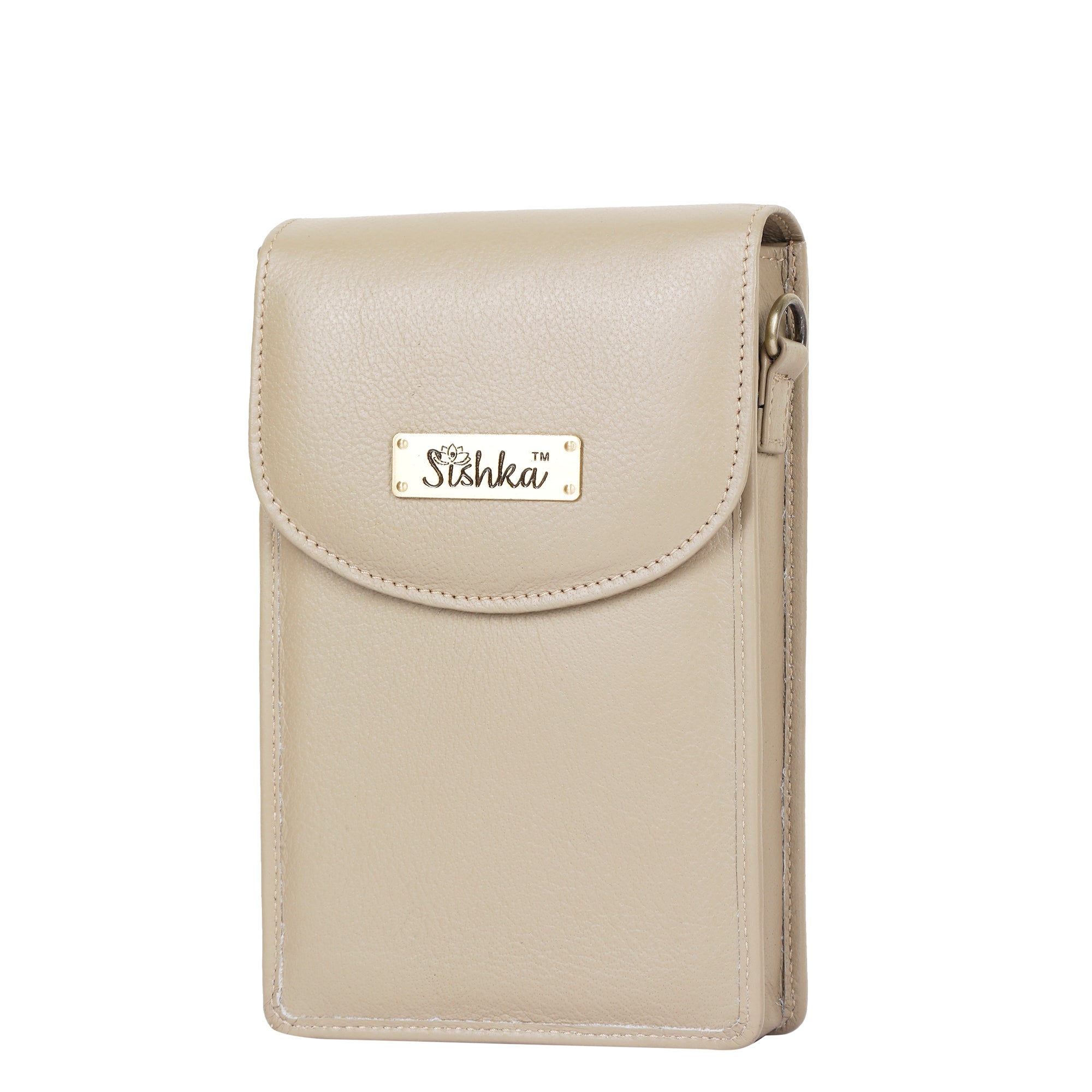 Taupe Genuine Leather Mobile Crossbody Bag – Women’s Phone Purse