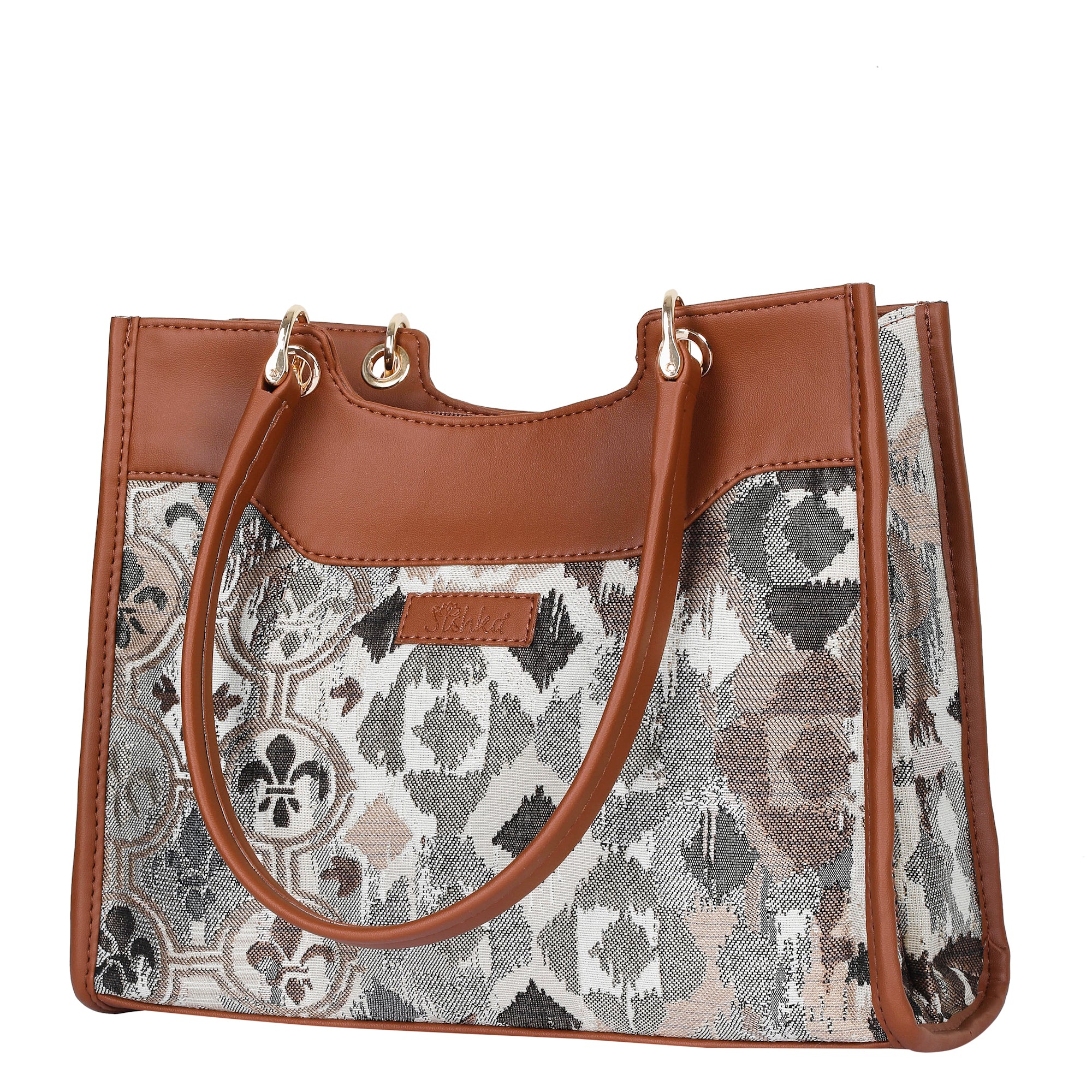 Abstract Tapestry Satchel Bag Crossbody Top Handle Handbag for Women with Vegan Leather Trim for Daily Use