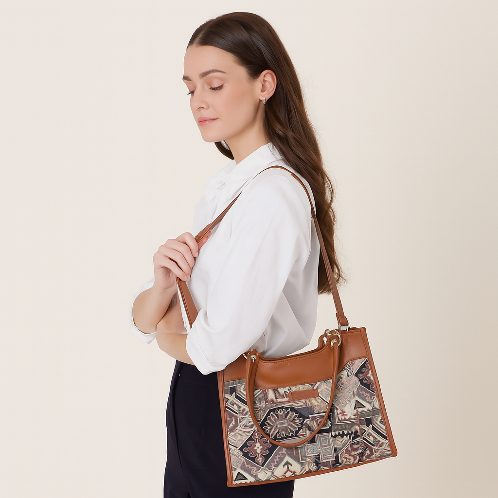 Ladies' Tapestry Satchel Crossbody Bag Geometric Pattern Shoulder Handbag with Vegan Leather Trim for Work & Travel