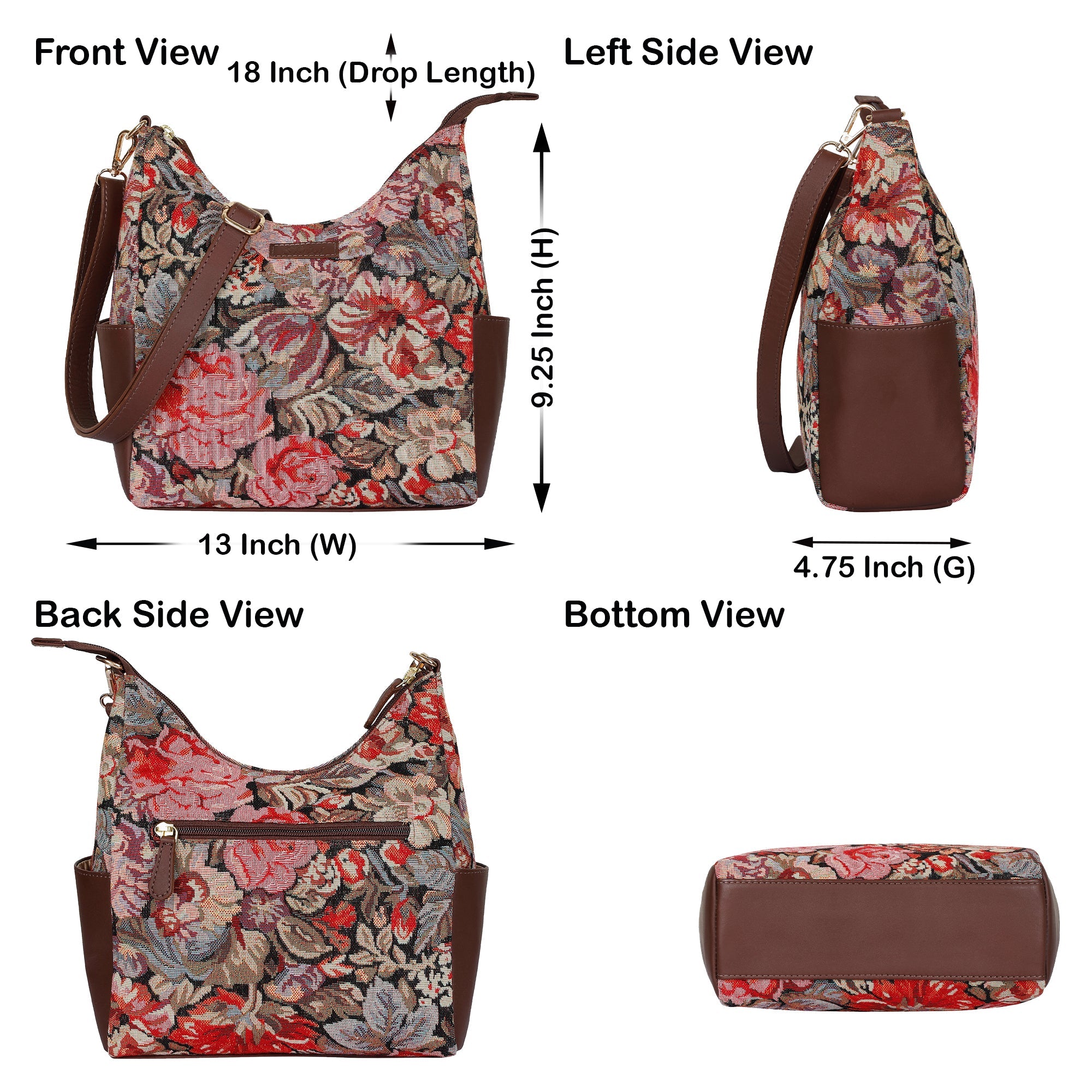 Women's Floral Tapestry Hobo Bag | Stylish Leather-Trimmed Shoulder & Crossbody Purse for Daily Essentials