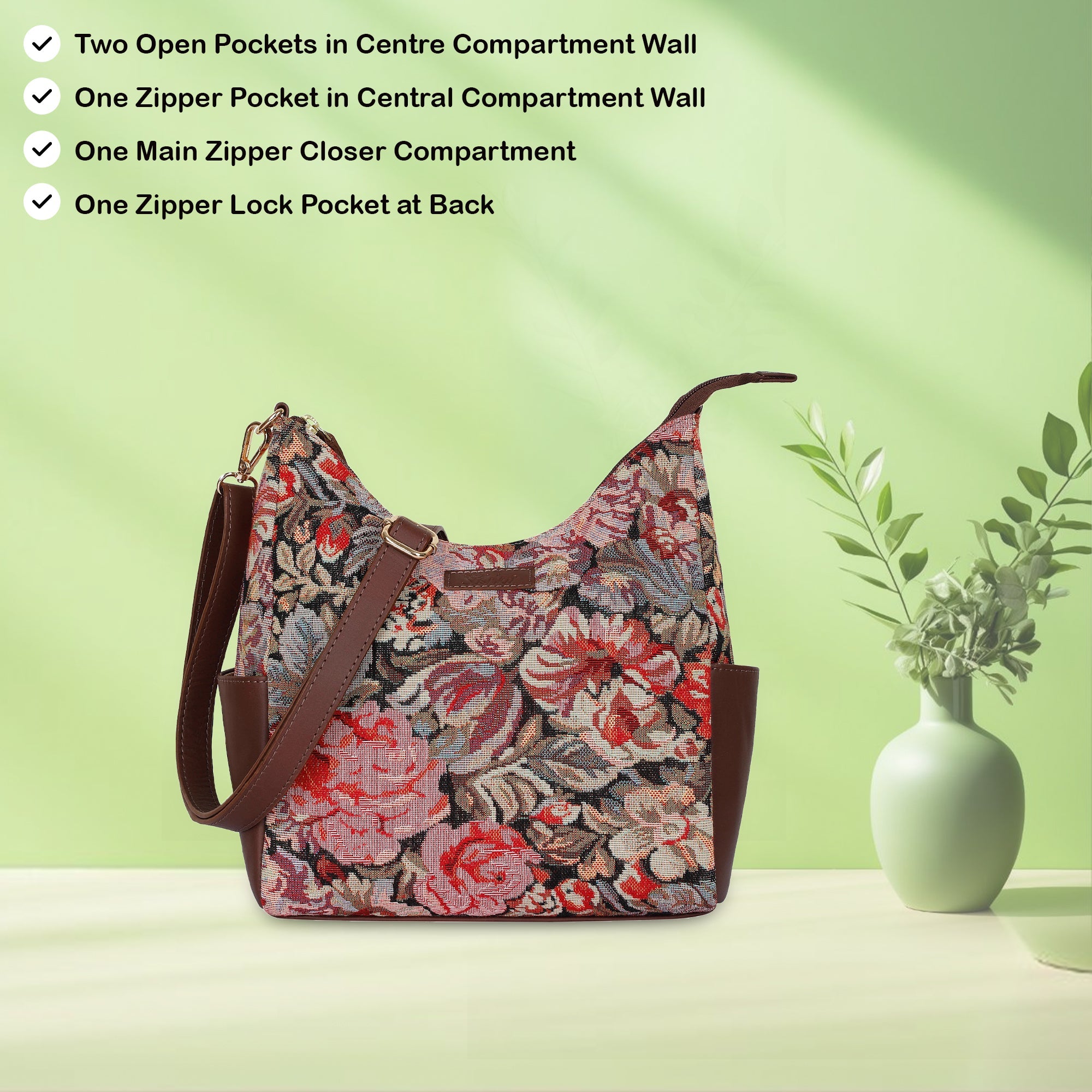 Women's Floral Tapestry Hobo Bag | Stylish Leather-Trimmed Shoulder & Crossbody Purse for Daily Essentials