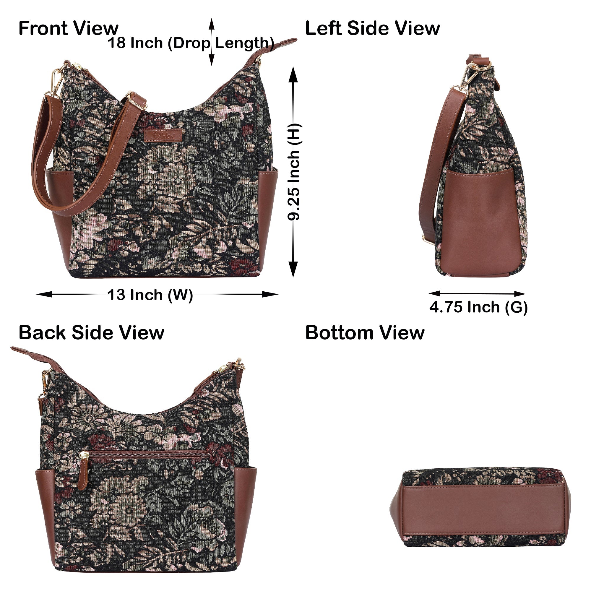 Women's Hobo Bag in Vintage Tapestry Fabric Pattern | Leather-Trim Crossbody Sling & Shoulder Purse