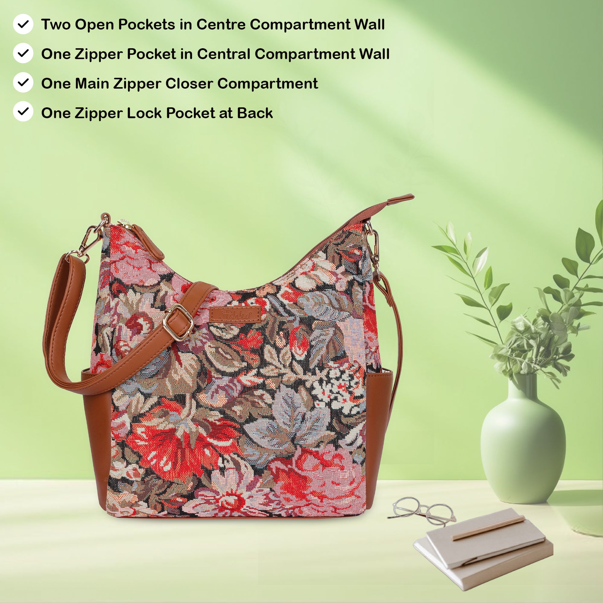 Ladies’ Floral Tapestry Hobo Bag – Stylish Vegan Leather-Trimmed Shoulder & Crossbody Purse for Everyday Essentials