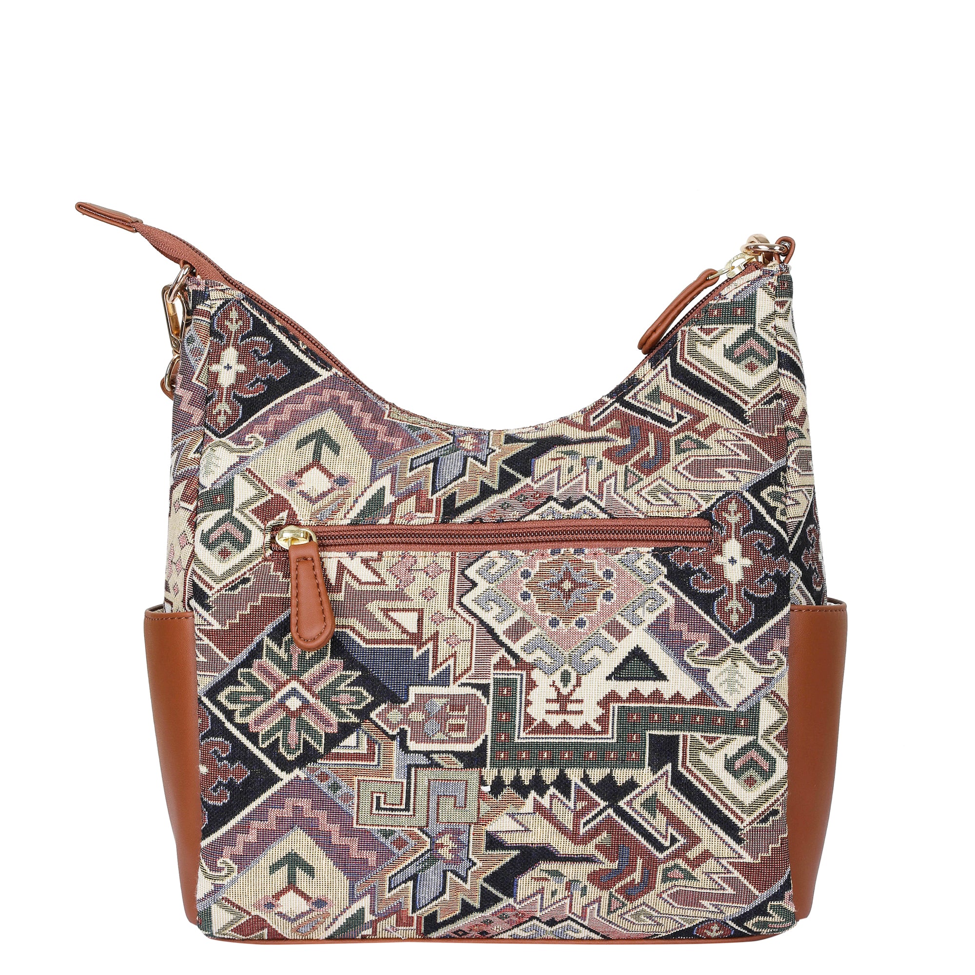 Ladies’ Geometric Tapestry Hobo Bag – Stylish Vegan Leather Trim Shoulder & Crossbody Purse for Office & Daily Outings