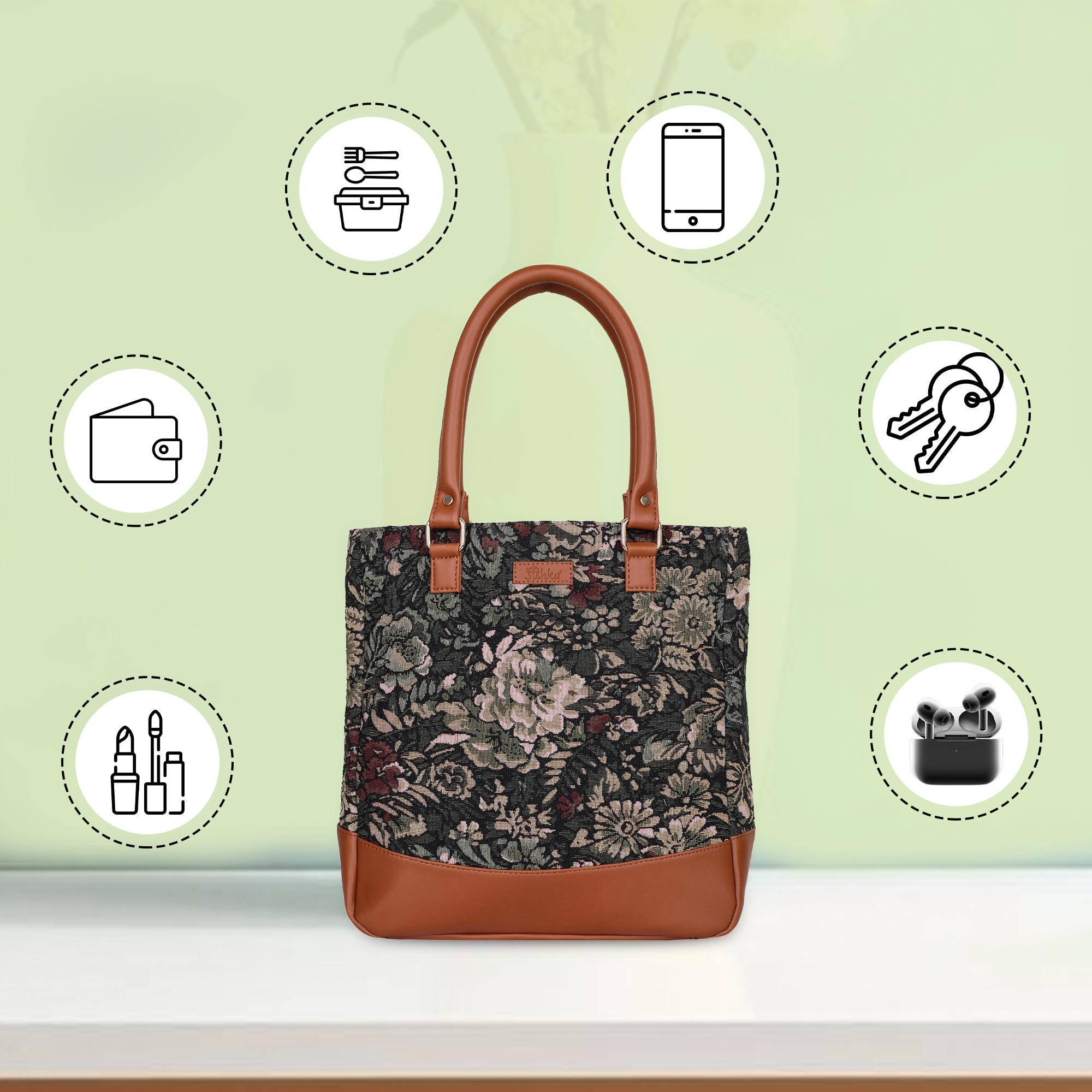 Tapestry Tote Bag in Vintage Design – Vegan Leather-Trimmed Women's Top Handle Shoulder Handbag for Daily Use