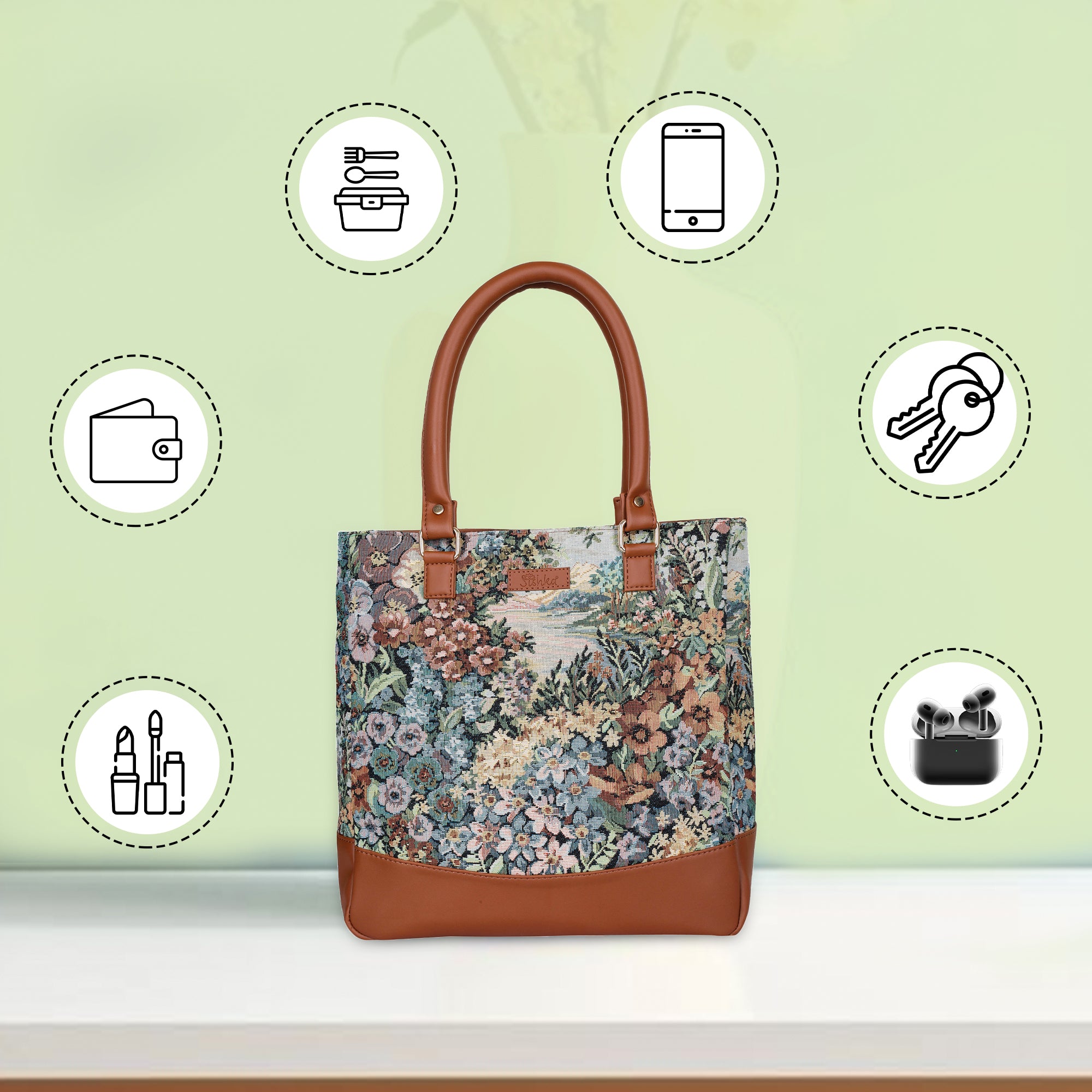 Women’s Botanical Pattern Tapestry Shoulder Tote Bag – Top Handle Handbag with Vegan Leather Trim for Office & Travel