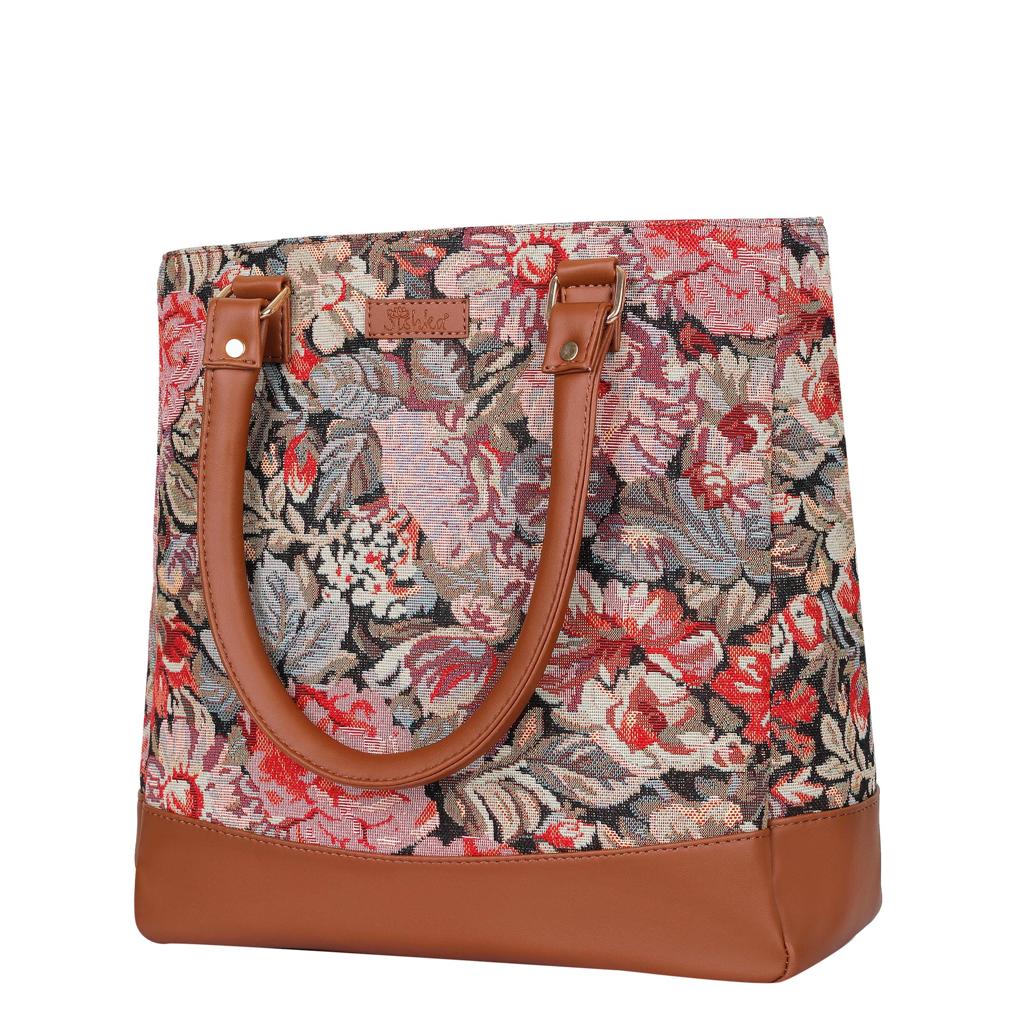 Ladies’ Floral Tapestry Fabric Tote Bag – Shoulder Purse with Top Handle and Vegan Leather Trim for Work & Daily Use