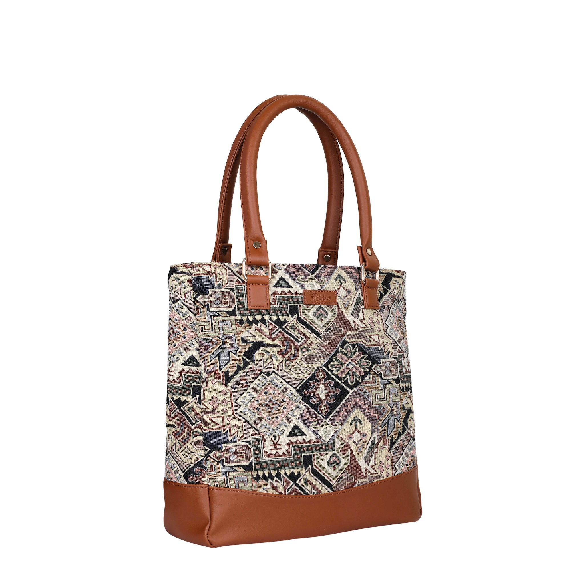 Ladies’ Geometric Tapestry Fabric Tote Bag – Shoulder Purse with Top Handle and Vegan Leather Trim for Everyday Carry