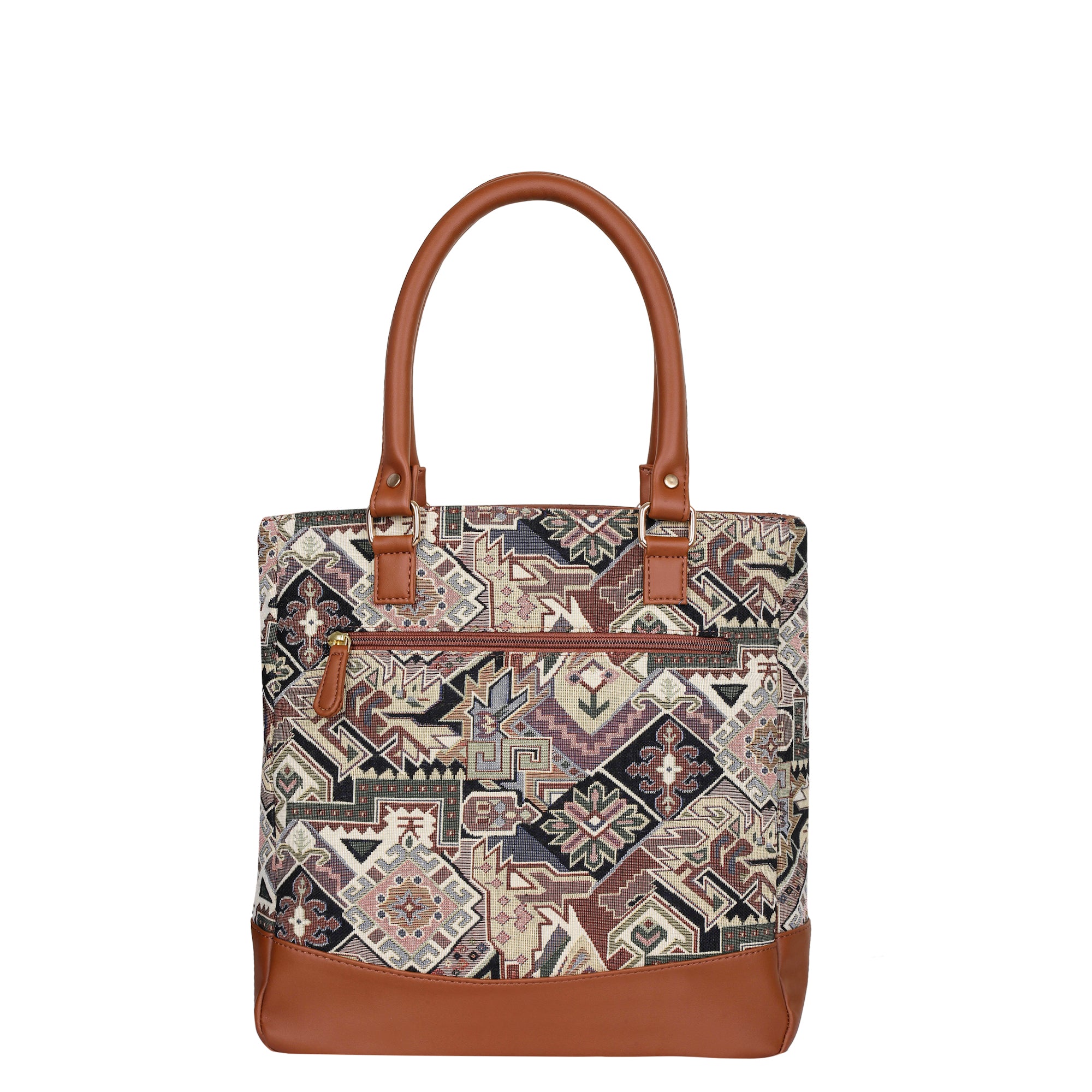 Ladies’ Geometric Tapestry Fabric Tote Bag – Shoulder Purse with Top Handle and Vegan Leather Trim for Everyday Carry