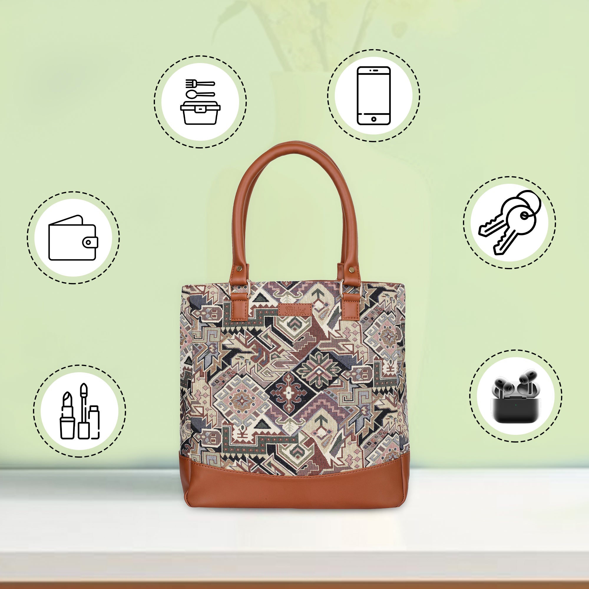Ladies’ Geometric Tapestry Fabric Tote Bag – Shoulder Purse with Top Handle and Vegan Leather Trim for Everyday Carry