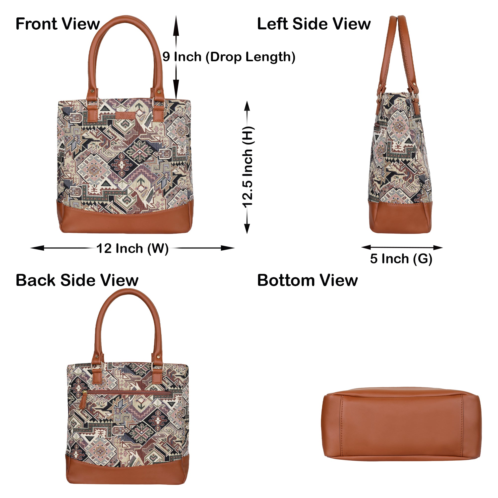Ladies’ Geometric Tapestry Fabric Tote Bag – Shoulder Purse with Top Handle and Vegan Leather Trim for Everyday Carry