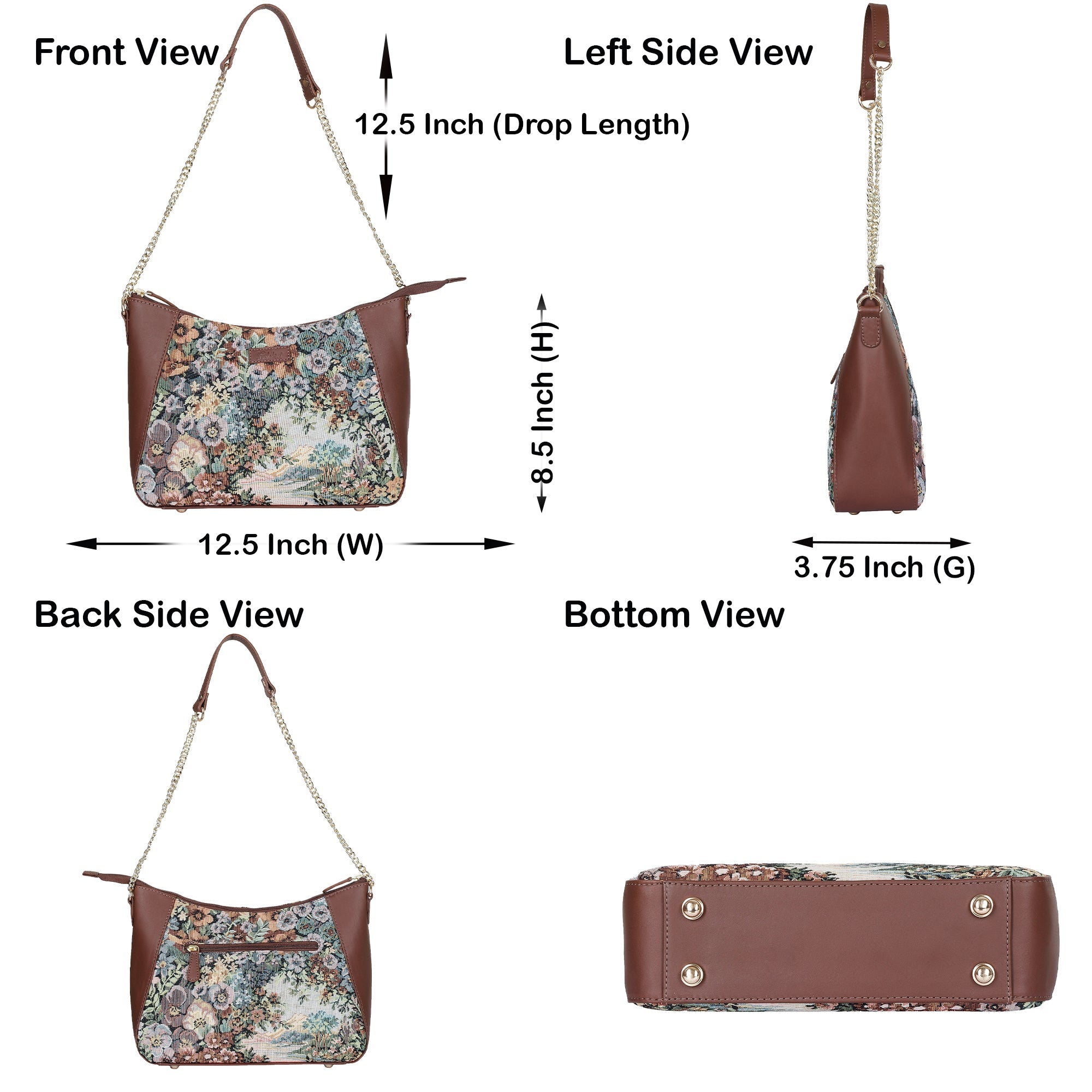 Women's Botanical Design Tapestry Hobo Bag | Shoulder & Satchel Purse with Leather Trim, Chain Strap for Travel & Casual Use