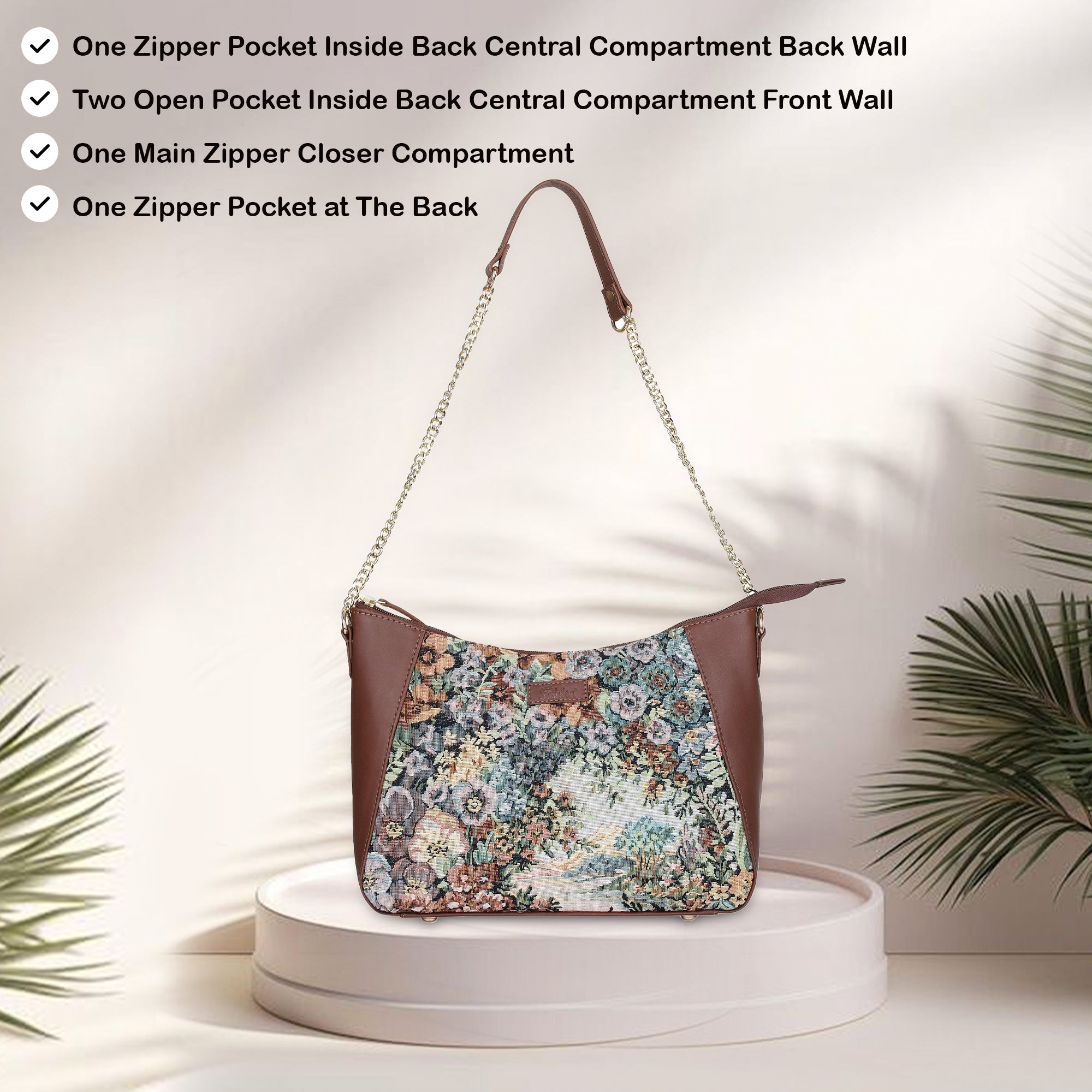 Women's Botanical Design Tapestry Hobo Bag | Shoulder & Satchel Purse with Leather Trim, Chain Strap for Travel & Casual Use