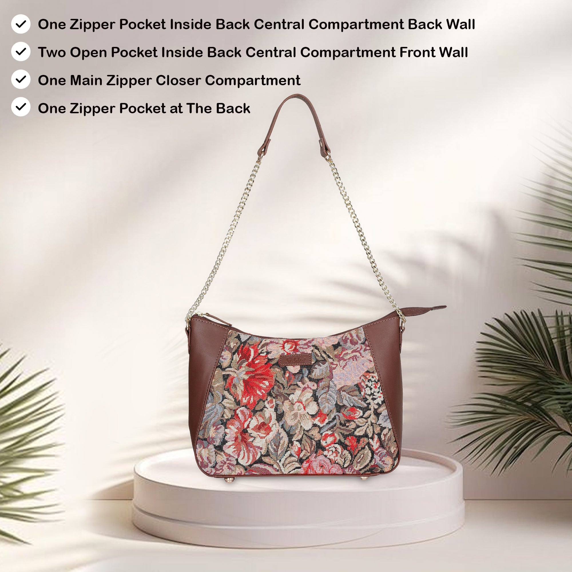 Ladies Tapestry Hobo Bag in Floral Pattern |  Leather-Trimmed Shoulder Bag & Satchel Purse for Everyday Essentials
