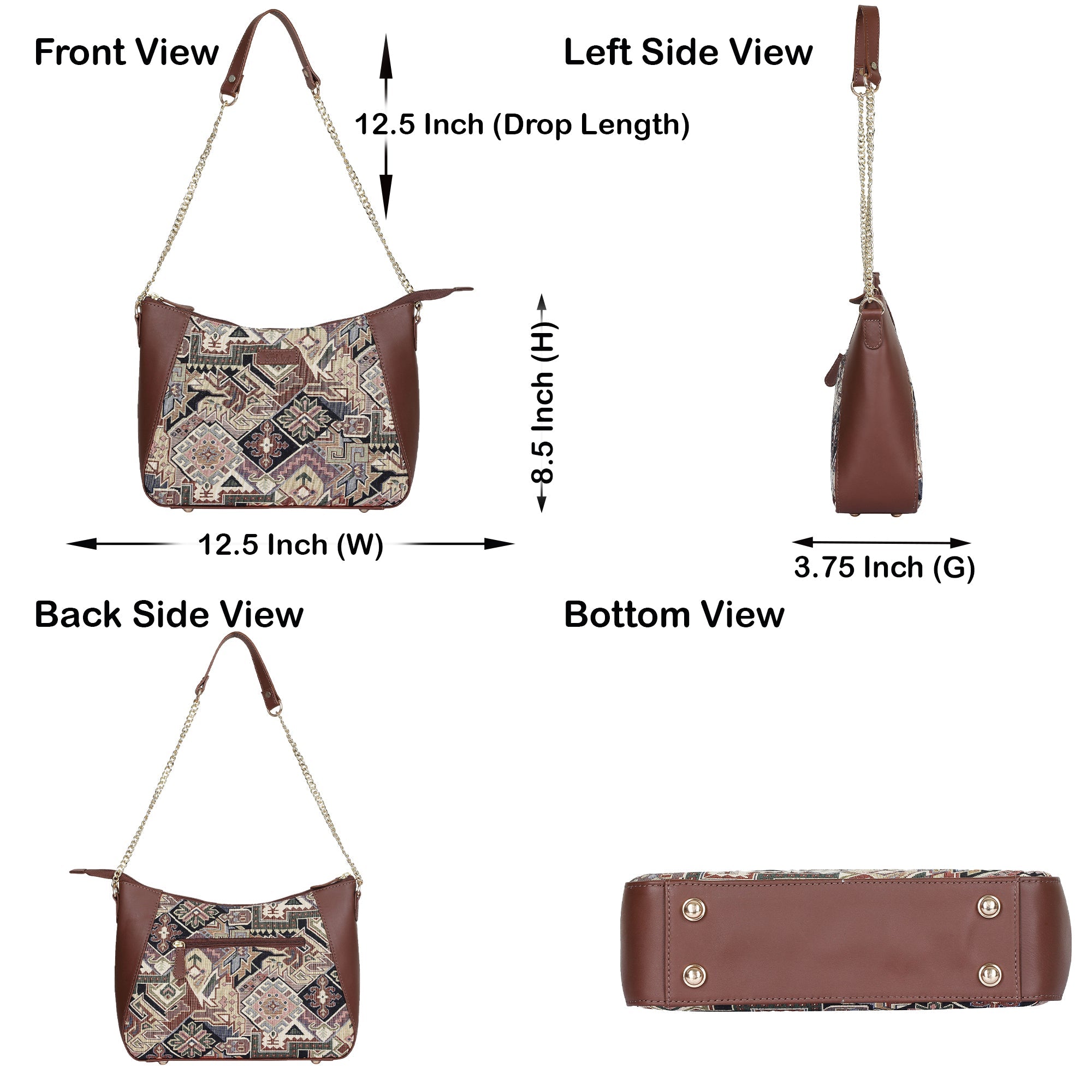 Geometric Design Tapestry Hobo Bag | Stylish Leather-Trimmed Shoulder & Satchel Bag with Chain Strap for Office & Outings