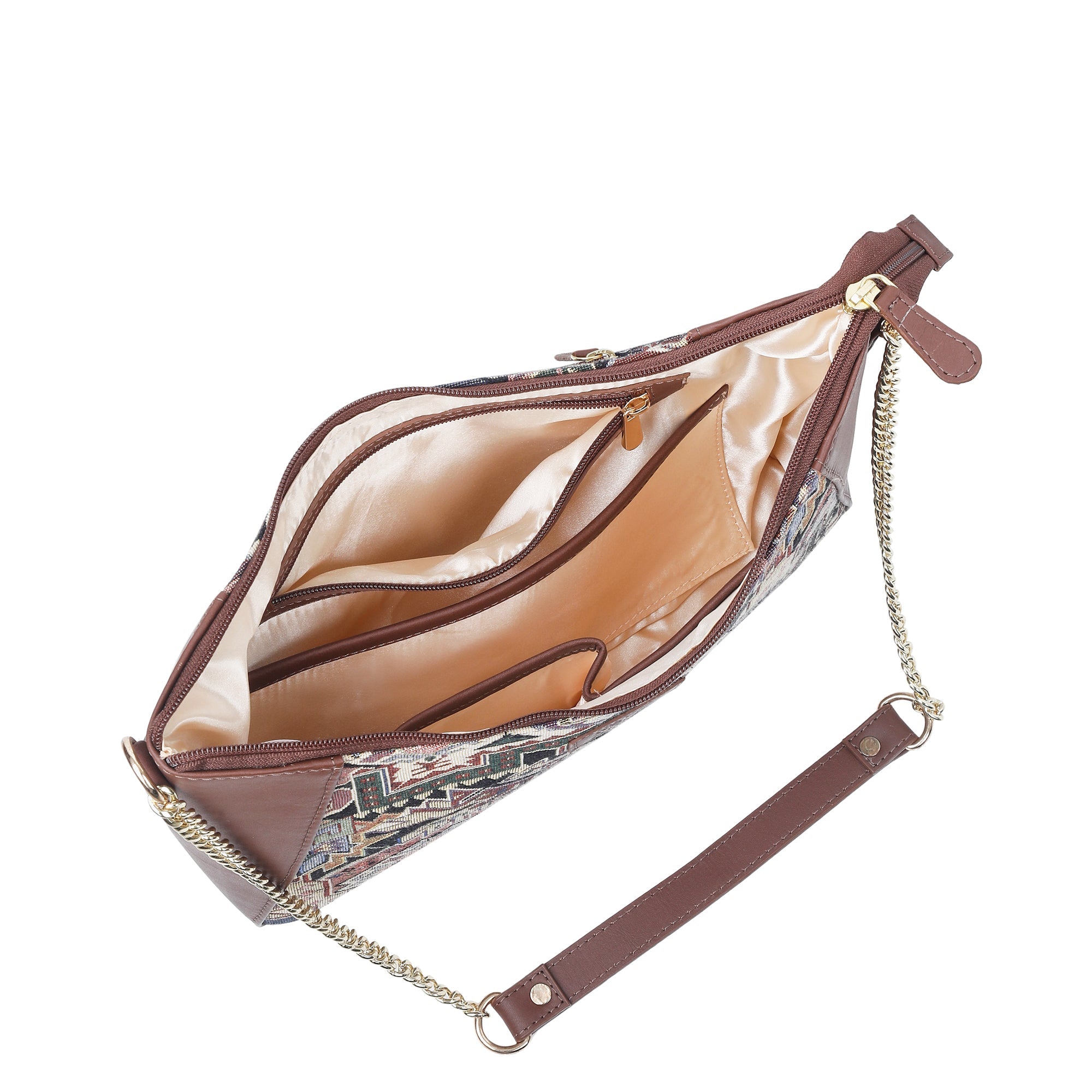 Geometric Design Tapestry Hobo Bag | Stylish Leather-Trimmed Shoulder & Satchel Bag with Chain Strap for Office & Outings
