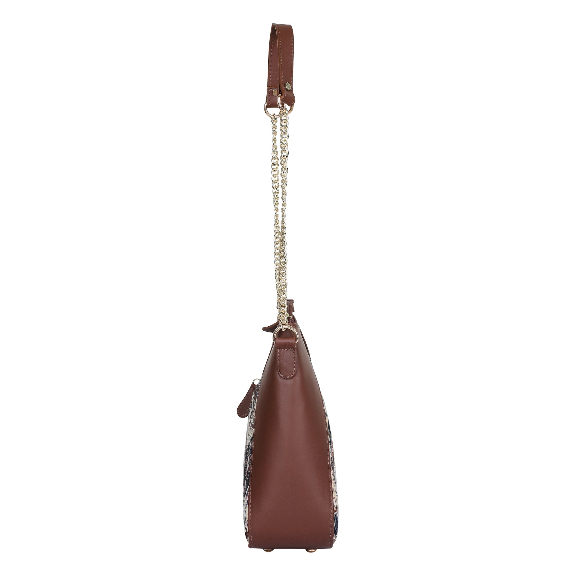 Geometric Design Tapestry Hobo Bag | Stylish Leather-Trimmed Shoulder & Satchel Bag with Chain Strap for Office & Outings