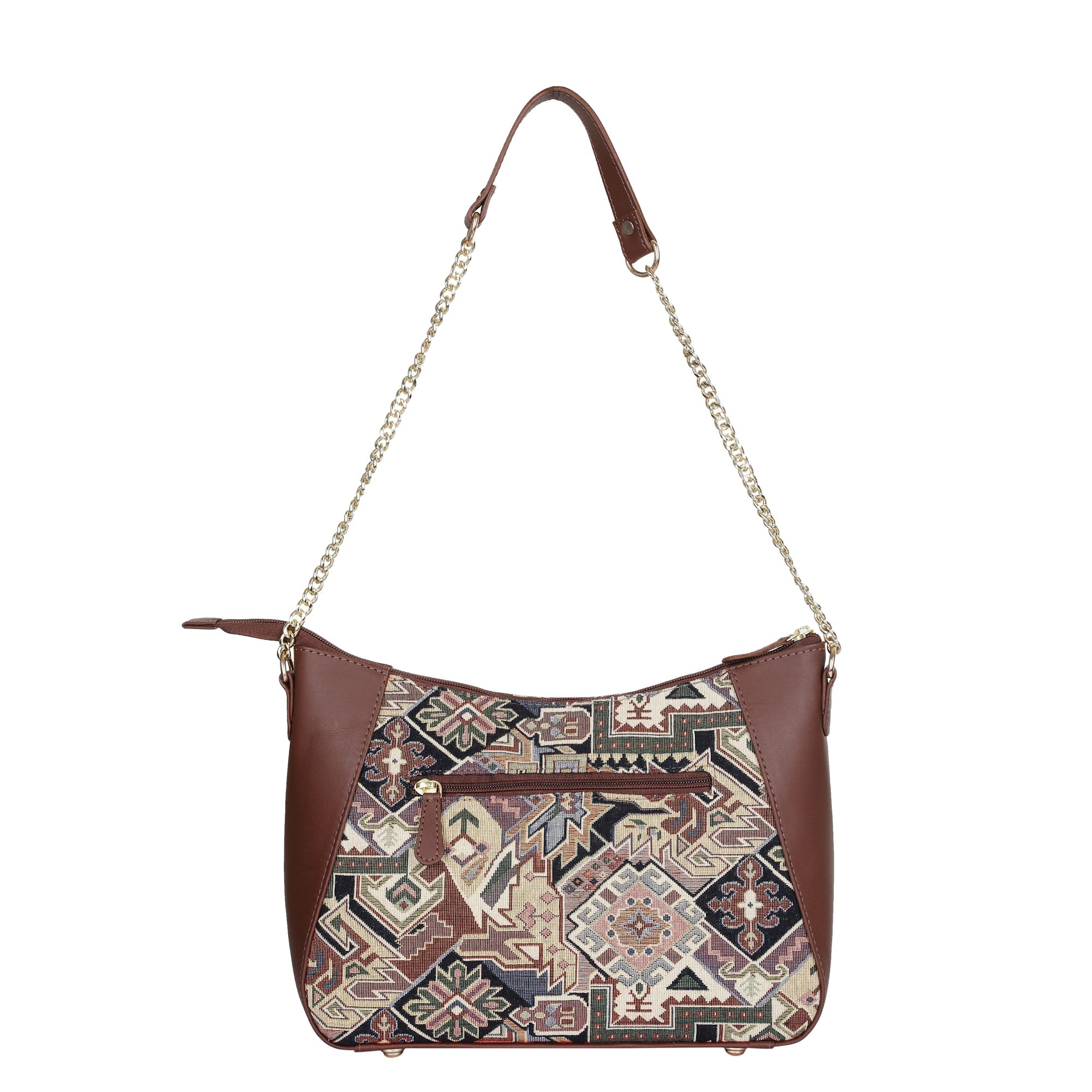 Geometric Design Tapestry Hobo Bag | Stylish Leather-Trimmed Shoulder & Satchel Bag with Chain Strap for Office & Outings