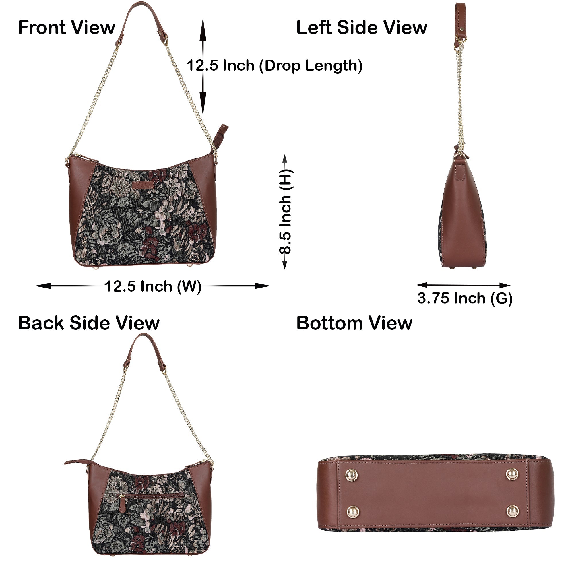 Women's Hobo Bag in Vintage Pattern Tapestry Fabric | Leather-Trimmed Shoulder & Sling Purse with Chain and Leather Strap for Daily Use