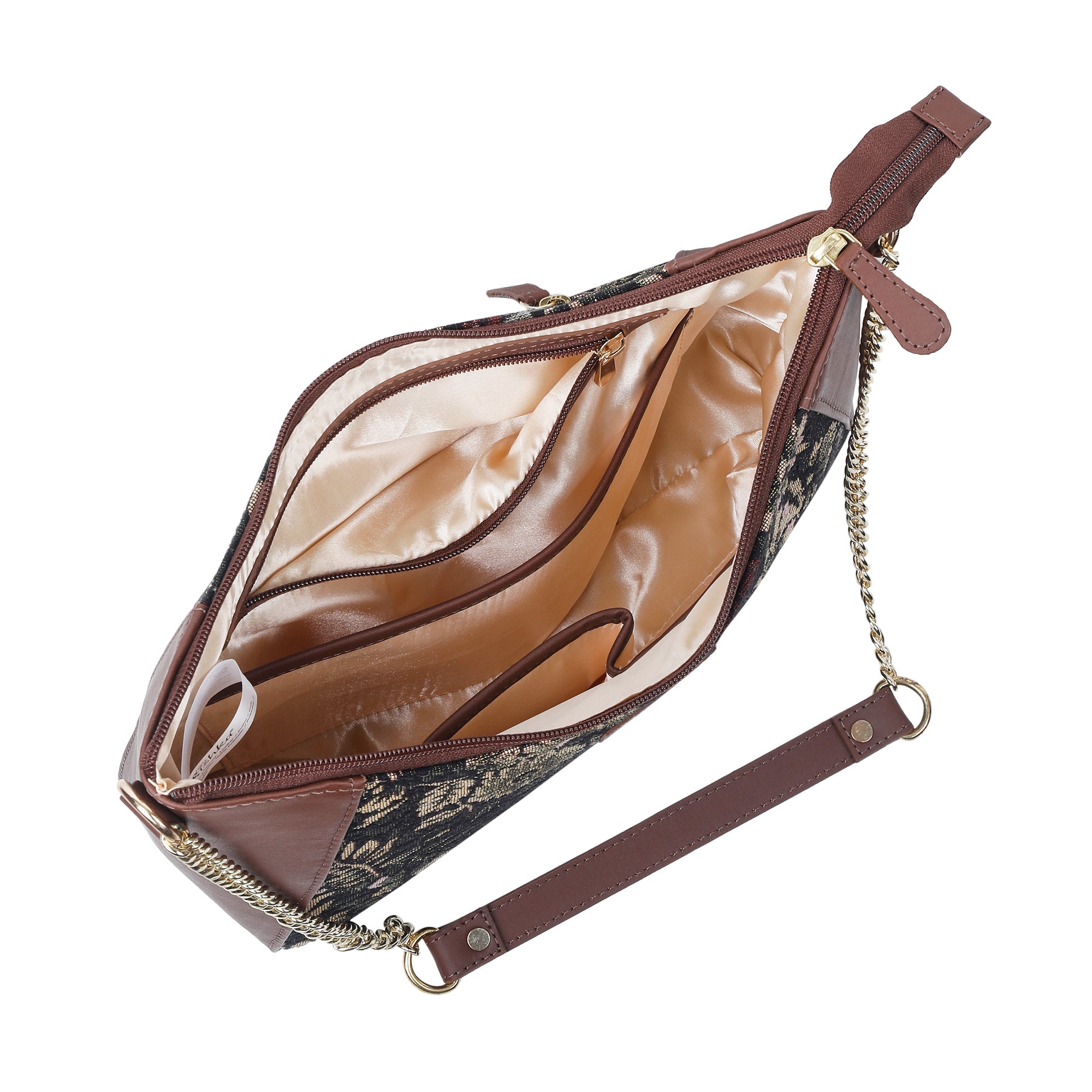 Women's Hobo Bag in Vintage Pattern Tapestry Fabric | Leather-Trimmed Shoulder & Sling Purse with Chain and Leather Strap for Daily Use