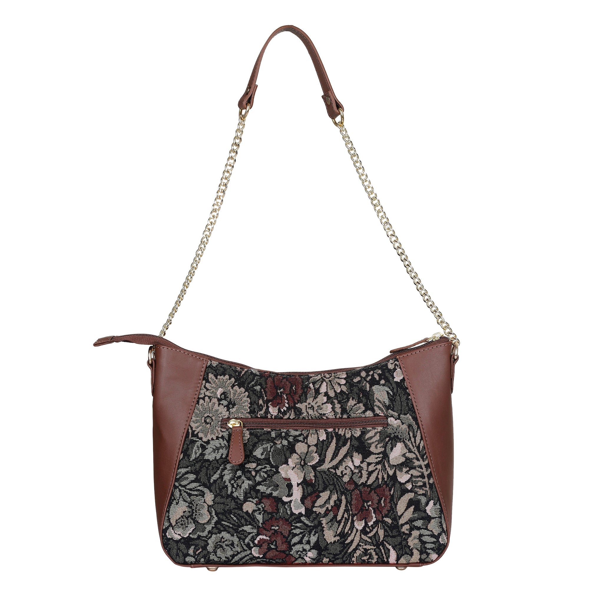 Women's Hobo Bag in Vintage Pattern Tapestry Fabric | Leather-Trimmed Shoulder & Sling Purse with Chain and Leather Strap for Daily Use