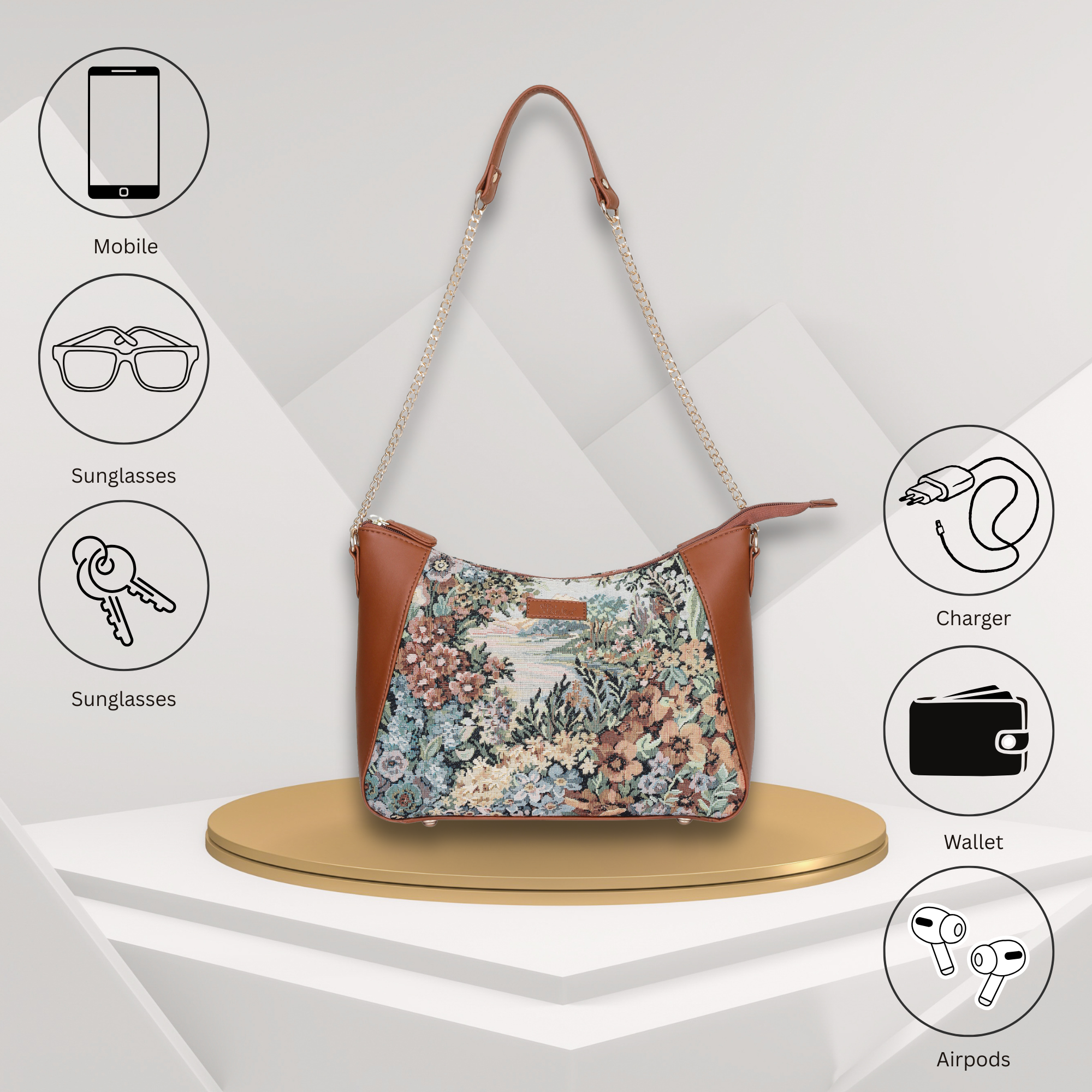 Women’s Botanical Tapestry Hobo Shoulder Bag – Vegan Leather Satchel Purse with Chain Strap & Top Handle for Travel