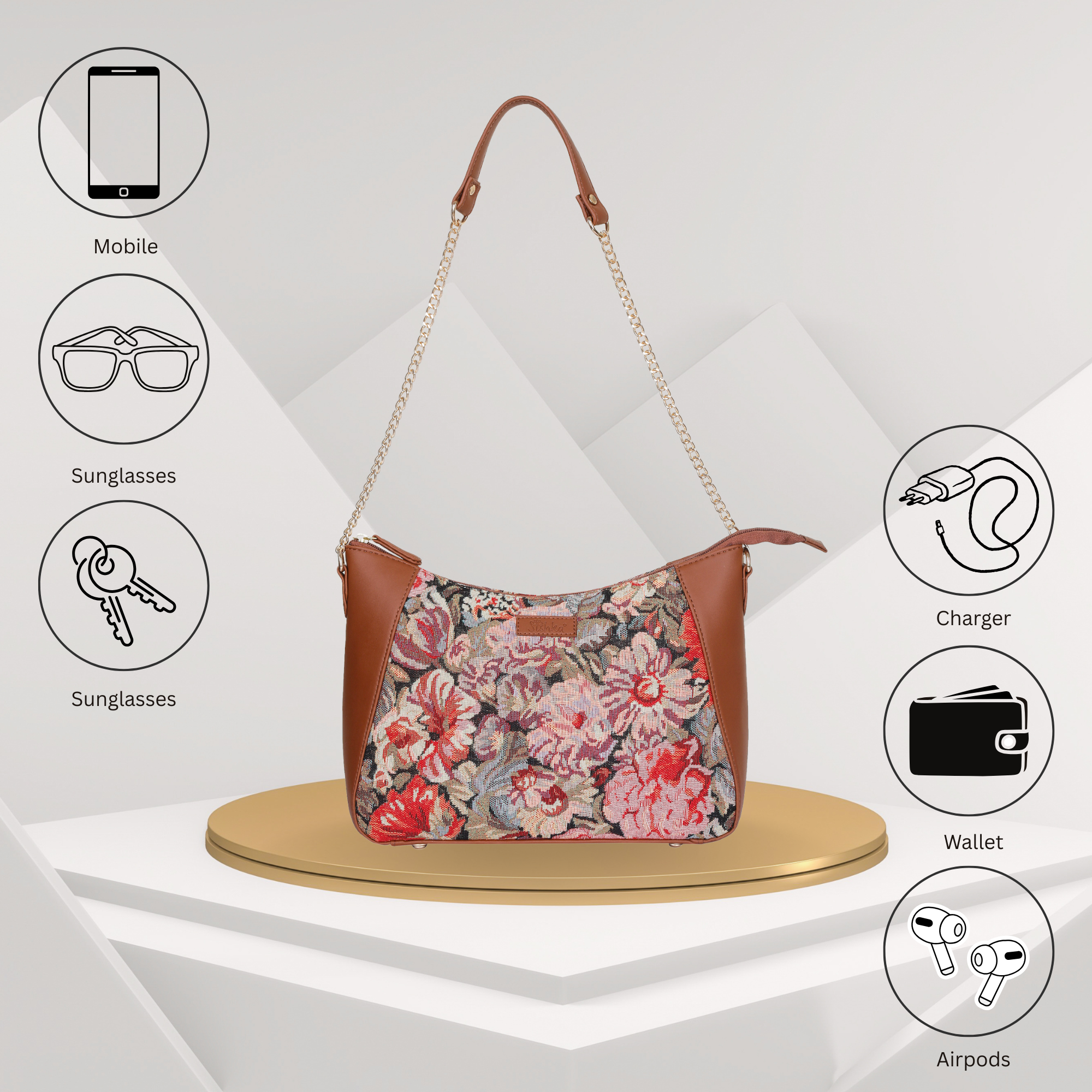 Ladies’ Floral Tapestry Hobo Shoulder Bag – Vegan Leather Satchel Purse with Top Handle & Chain Strap for Daily Use