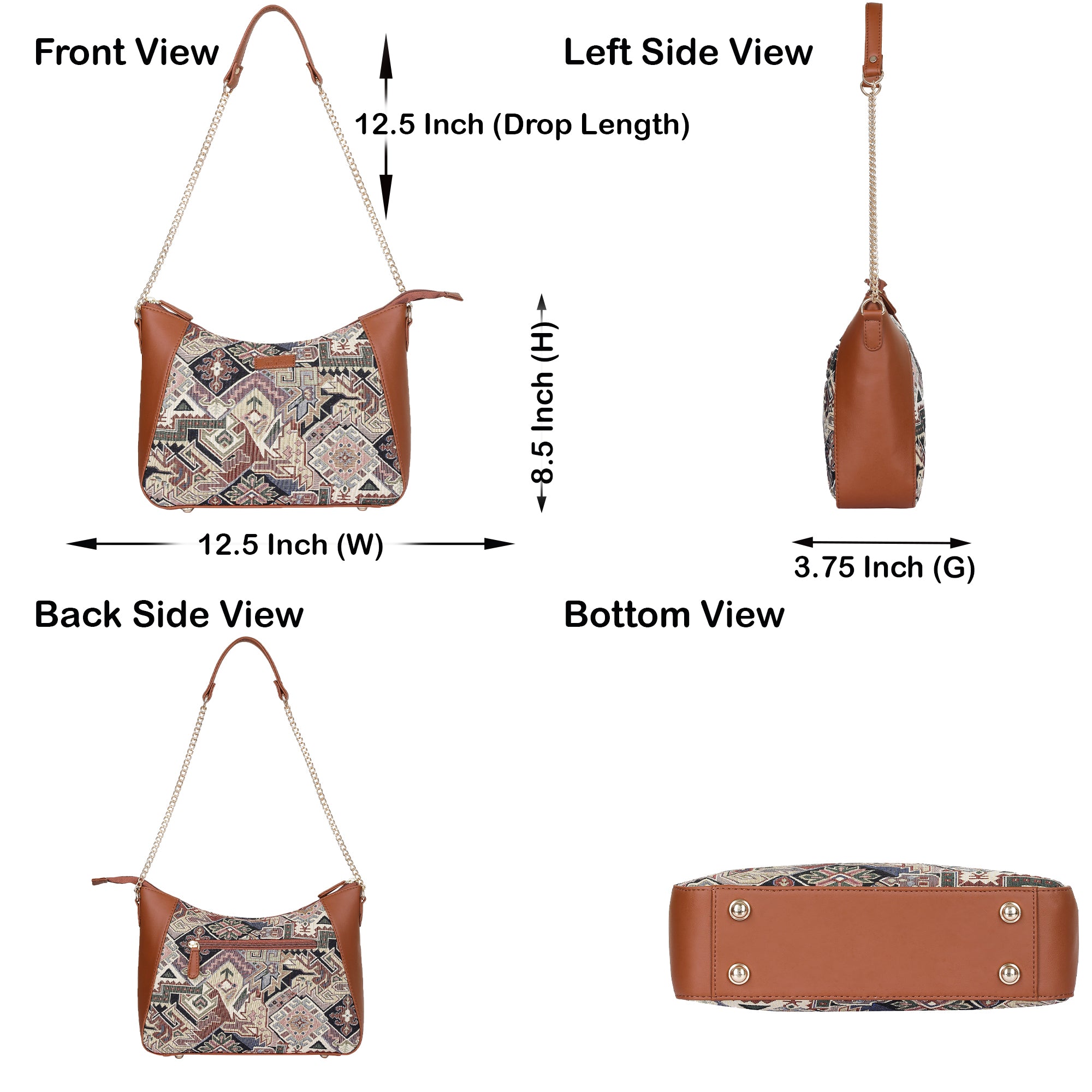 Ladies’ Geometric Tapestry Hobo Shoulder Bag – Vegan Leather Tote Purse with Chain Strap & Top Handle for Everyday Carry