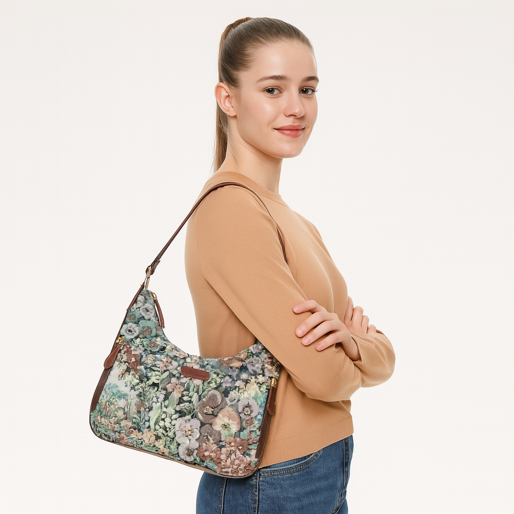 Botanical Design Tapestry  Fabric Hobo Bag For Women | Shoulder & Satchel Purse with Leather Trim and  Strap for Travel & Casual Use