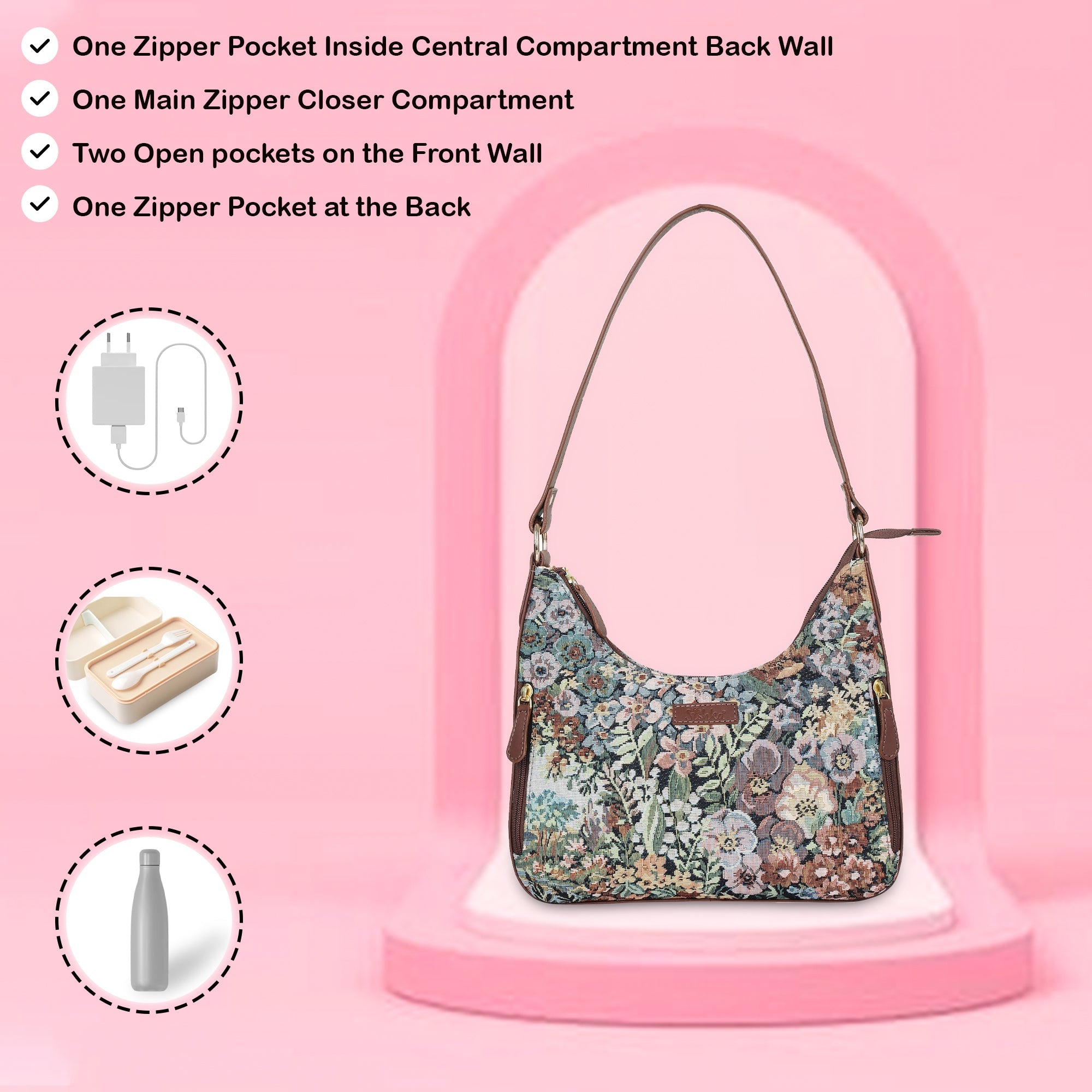 Botanical Design Tapestry  Fabric Hobo Bag For Women | Shoulder & Satchel Purse with Leather Trim and  Strap for Travel & Casual Use