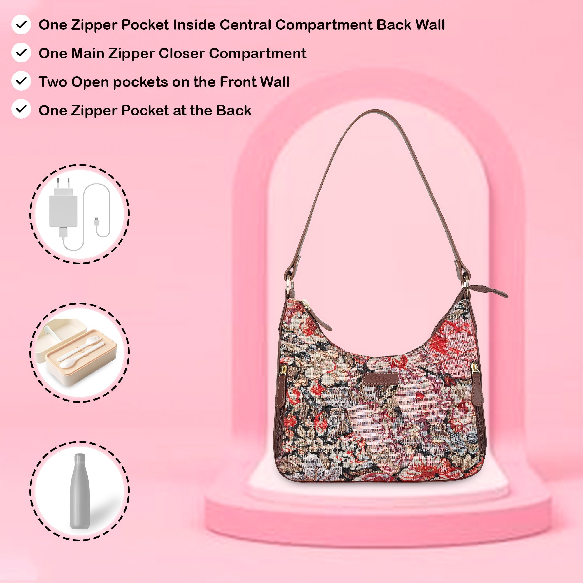 Ladies Hobo Bag in Floral Design Tapestry Fabric | Leather-Trimmed Shoulder Satchel with Leather Strap for Everyday Use