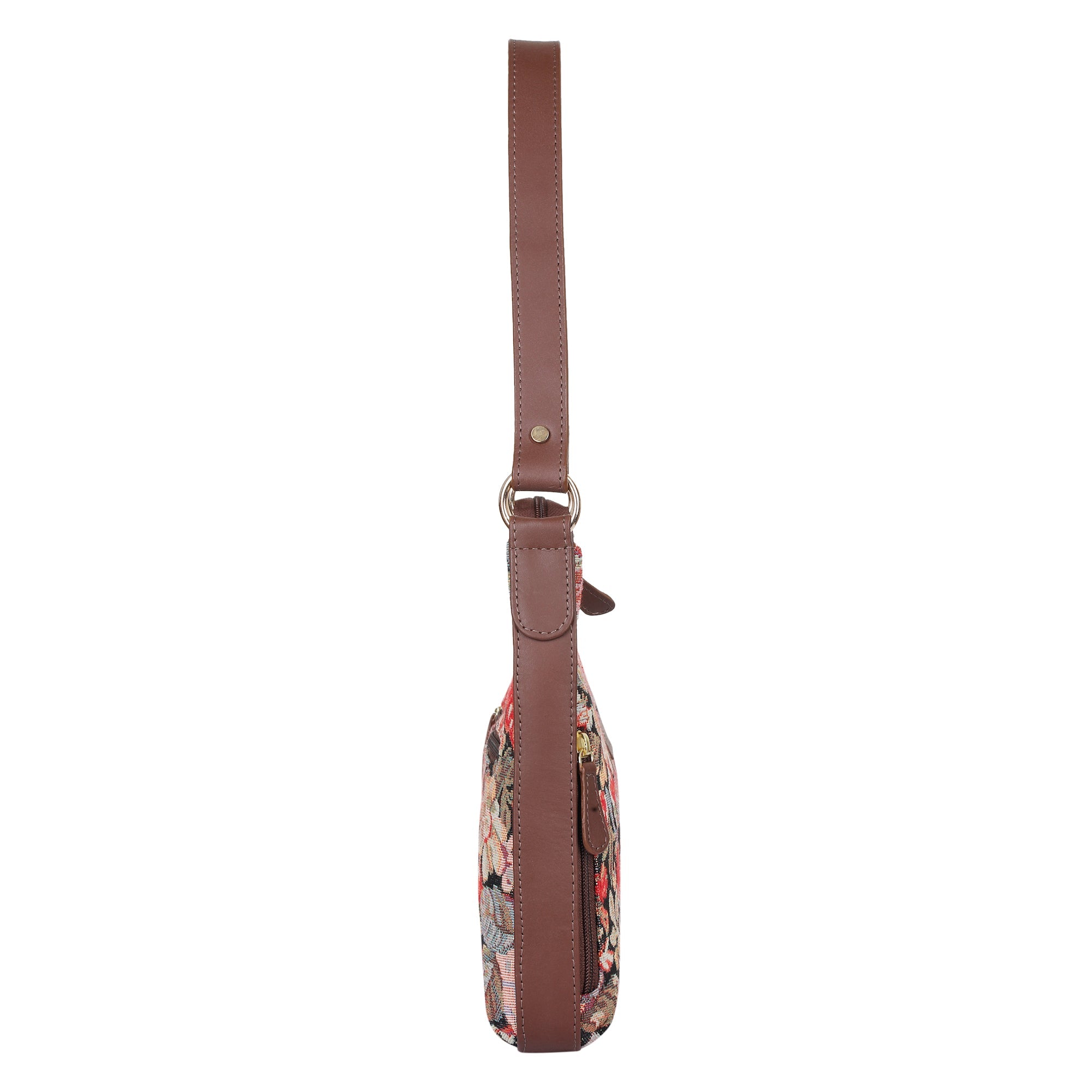 Ladies Hobo Bag in Floral Design Tapestry Fabric | Leather-Trimmed Shoulder Satchel with Leather Strap for Everyday Use