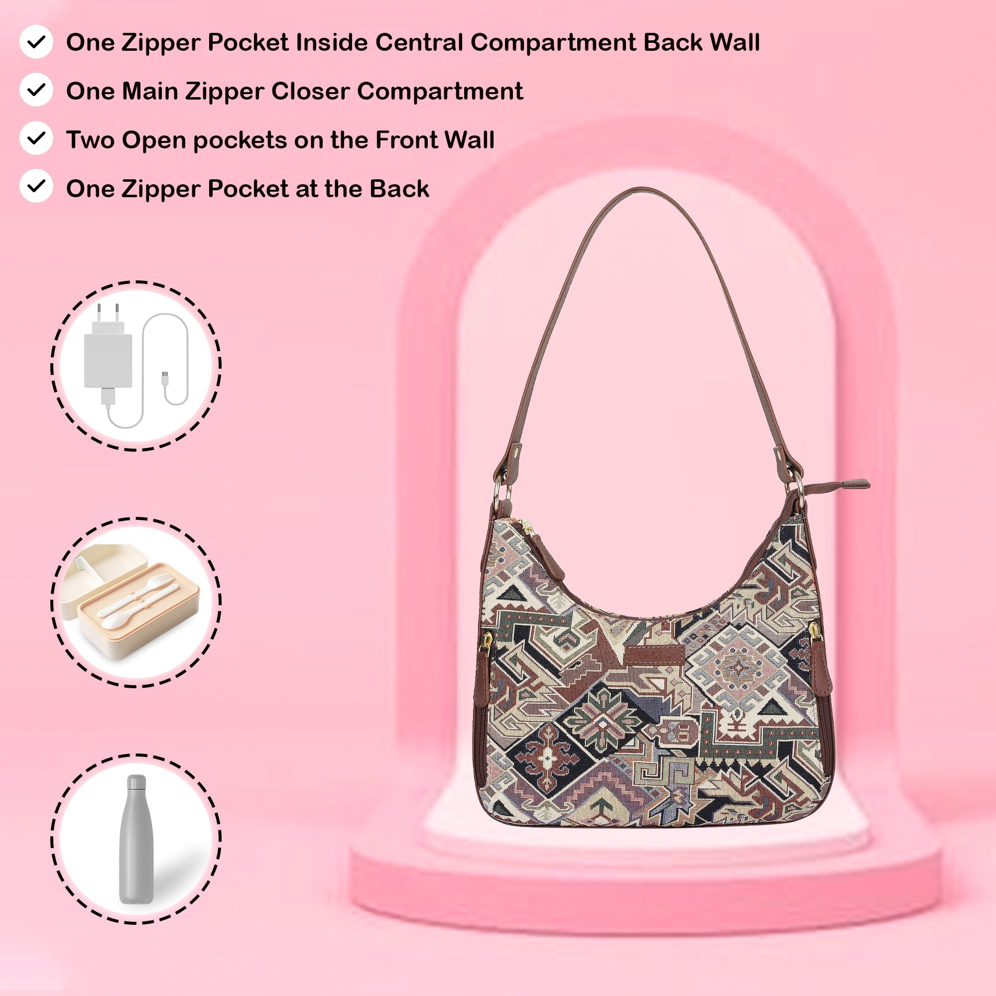 Geometric Pattern Tapestry Hobo Bag For Ladies| Stylish Leather-Trimmed Shoulder & Satchel Bag with Leather Strap for Office & Outings