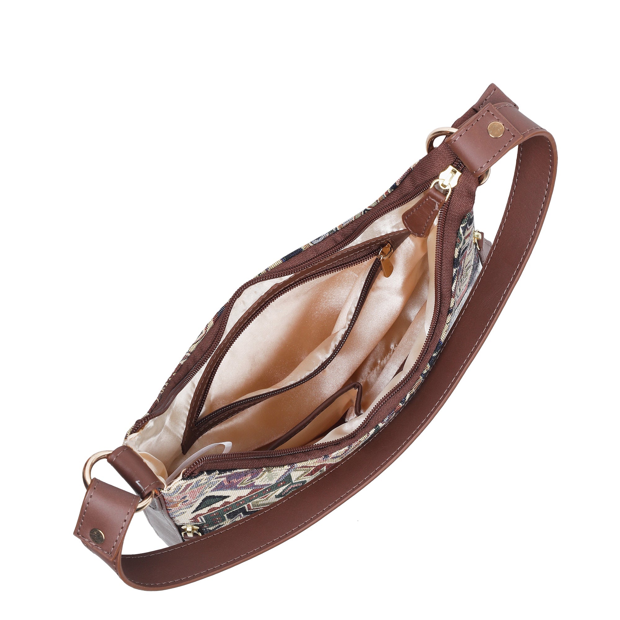 Geometric Pattern Tapestry Hobo Bag For Ladies| Stylish Leather-Trimmed Shoulder & Satchel Bag with Leather Strap for Office & Outings