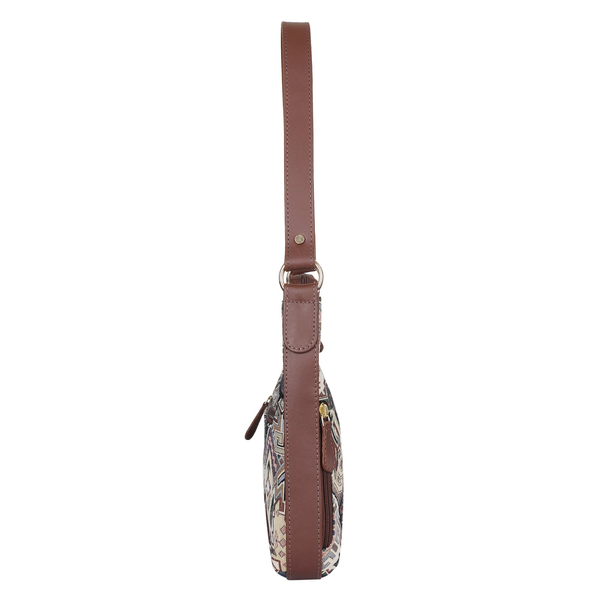Geometric Pattern Tapestry Hobo Bag For Ladies| Stylish Leather-Trimmed Shoulder & Satchel Bag with Leather Strap for Office & Outings