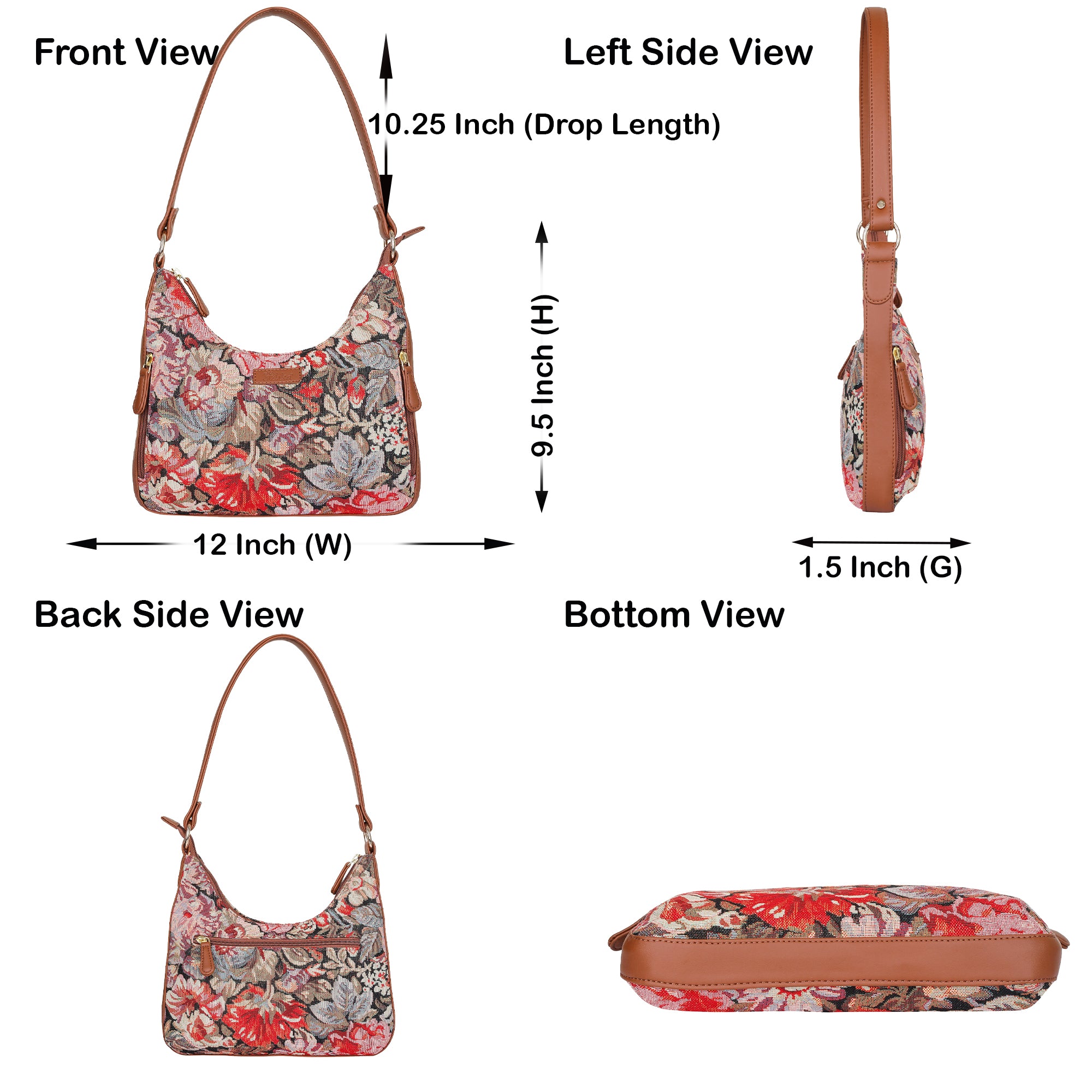 Ladies’ Floral Design Tapestry Hobo Purse – Vegan Leather-Trimmed Satchel Shoulder Bag for Everyday Style