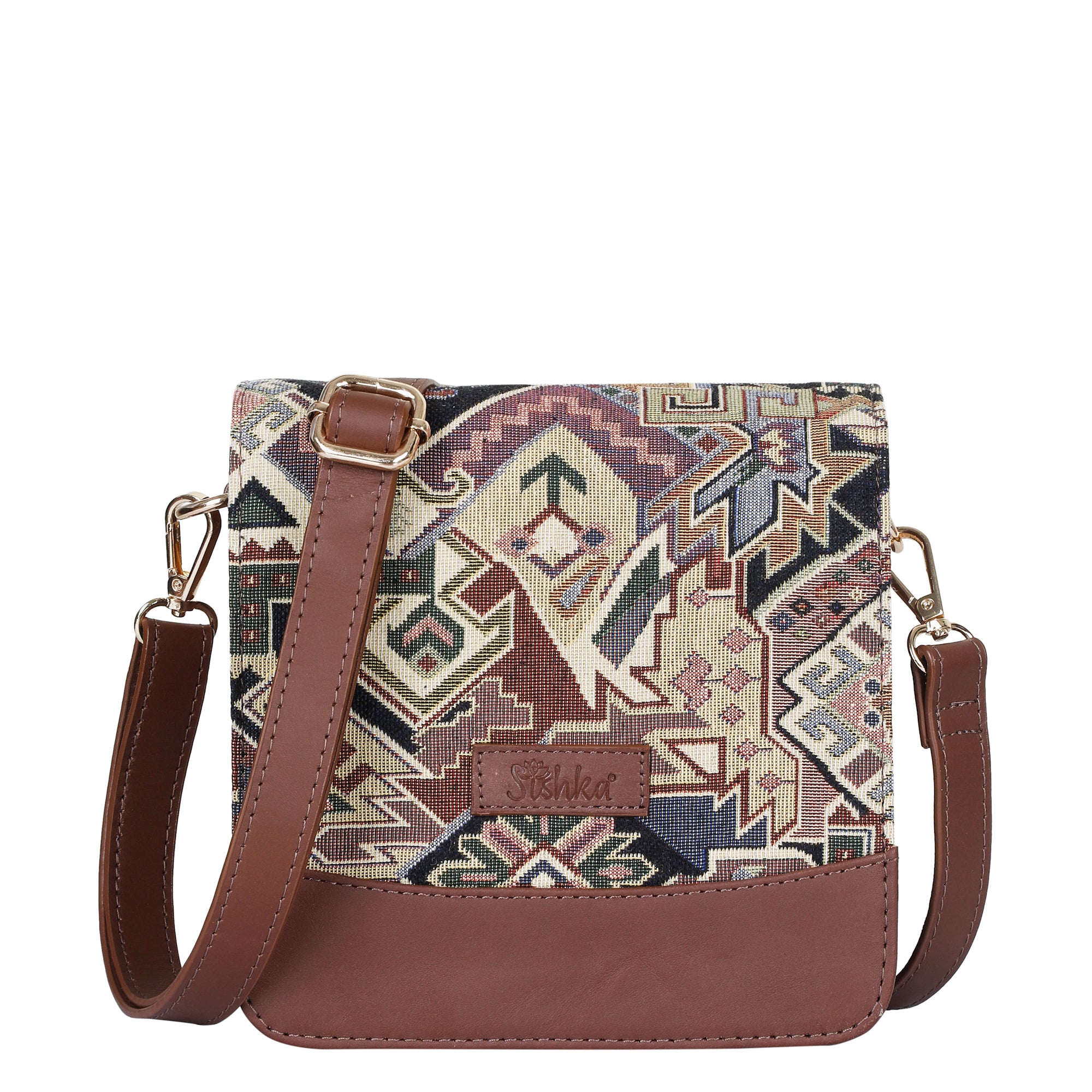 Geometric Tapestry Crossbody Bag – Women’s Sling Shoulder Purse with Leather Trim