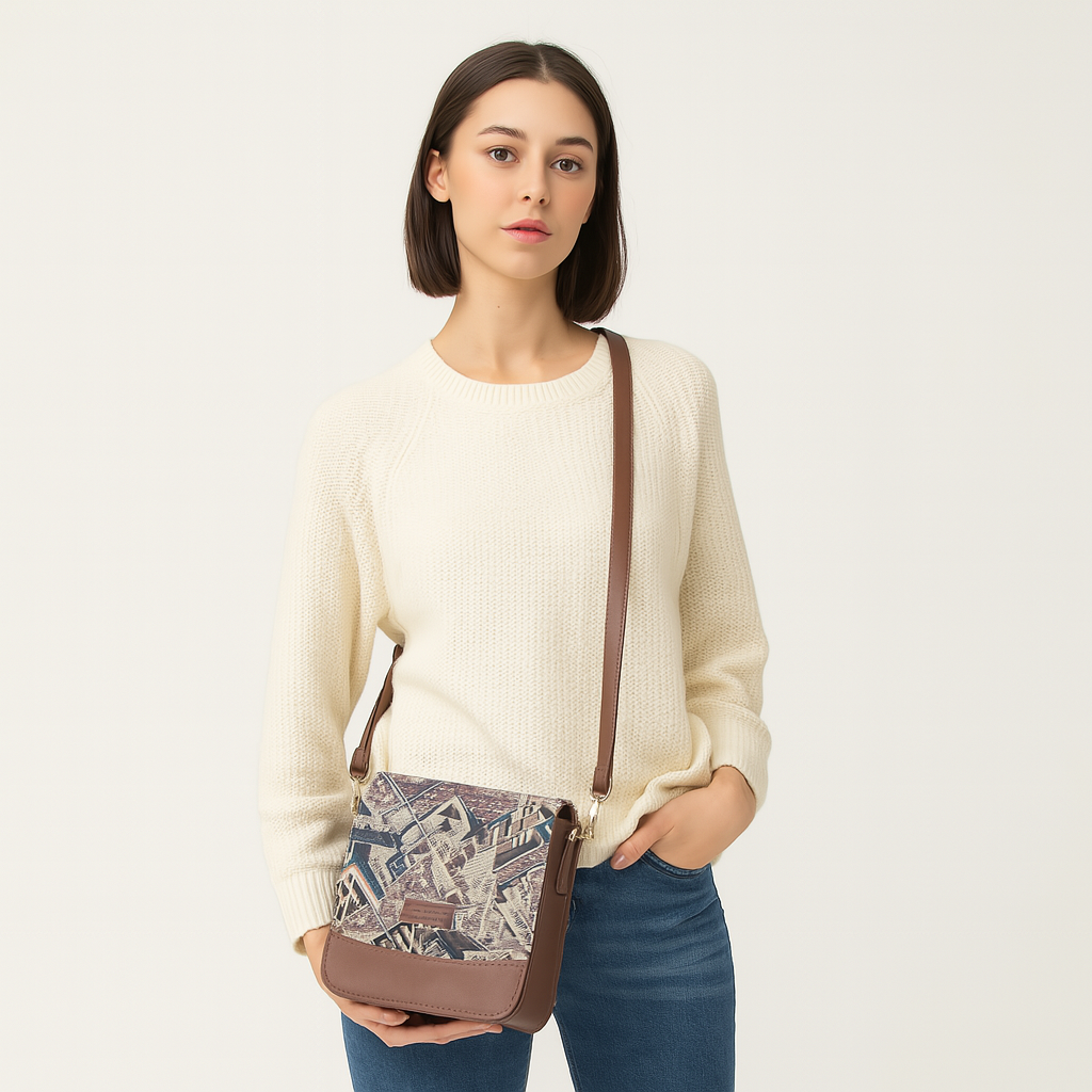 Geometric Tapestry Crossbody Bag – Women’s Sling Shoulder Purse with Leather Trim