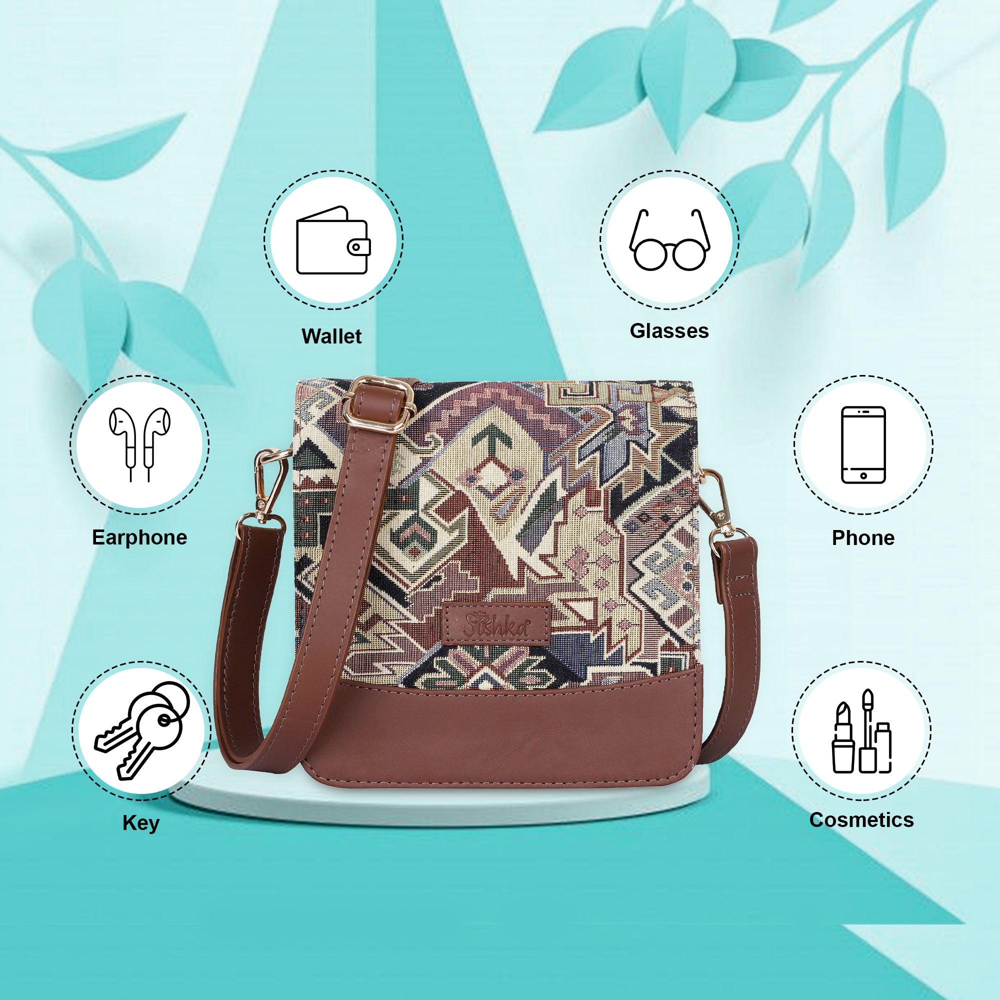 Geometric Tapestry Crossbody Bag – Women’s Sling Shoulder Purse with Leather Trim