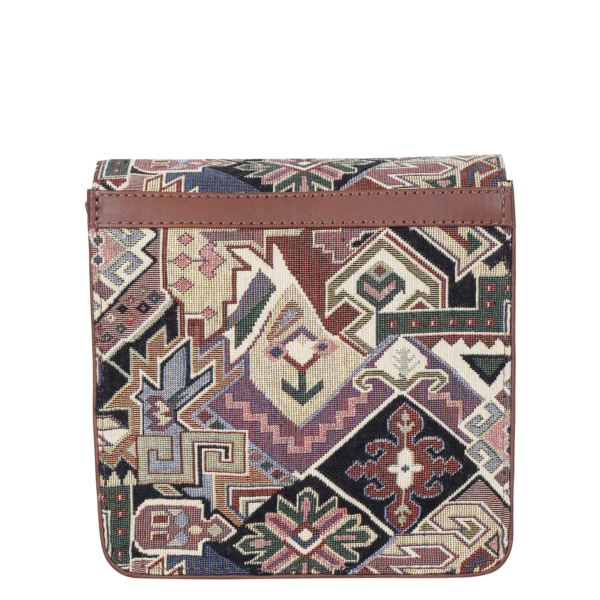 Geometric Tapestry Crossbody Bag – Women’s Sling Shoulder Purse with Leather Trim