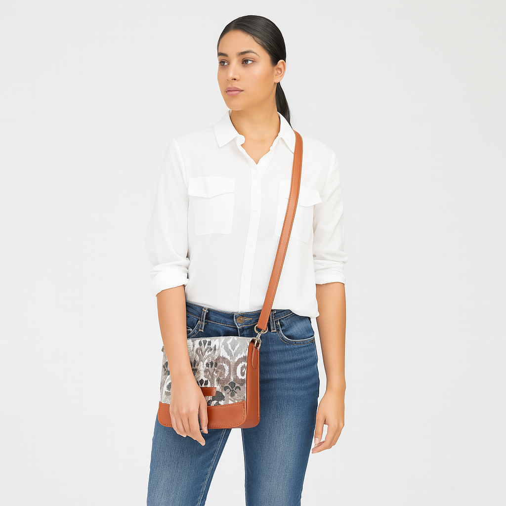 Women’s Abstract Pattern Tapestry Crossbody Bag – Shoulder Sling Messenger Purse with Vegan Leather Trim for Daily Use